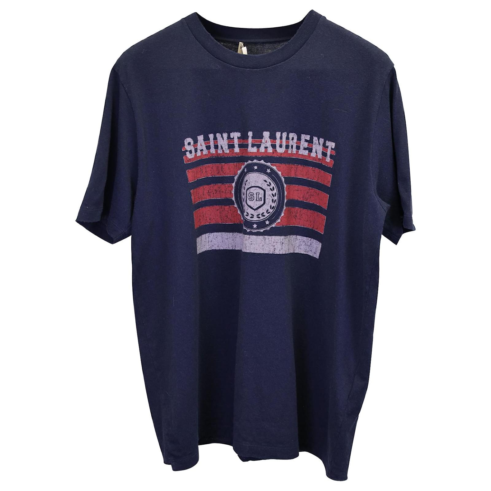 Tシャツ・カットソー Saint Laurent Navy blue cotton blend shirt Saint Laurent Logo & Flag Print T-Shirt in Navy Blue Cotton