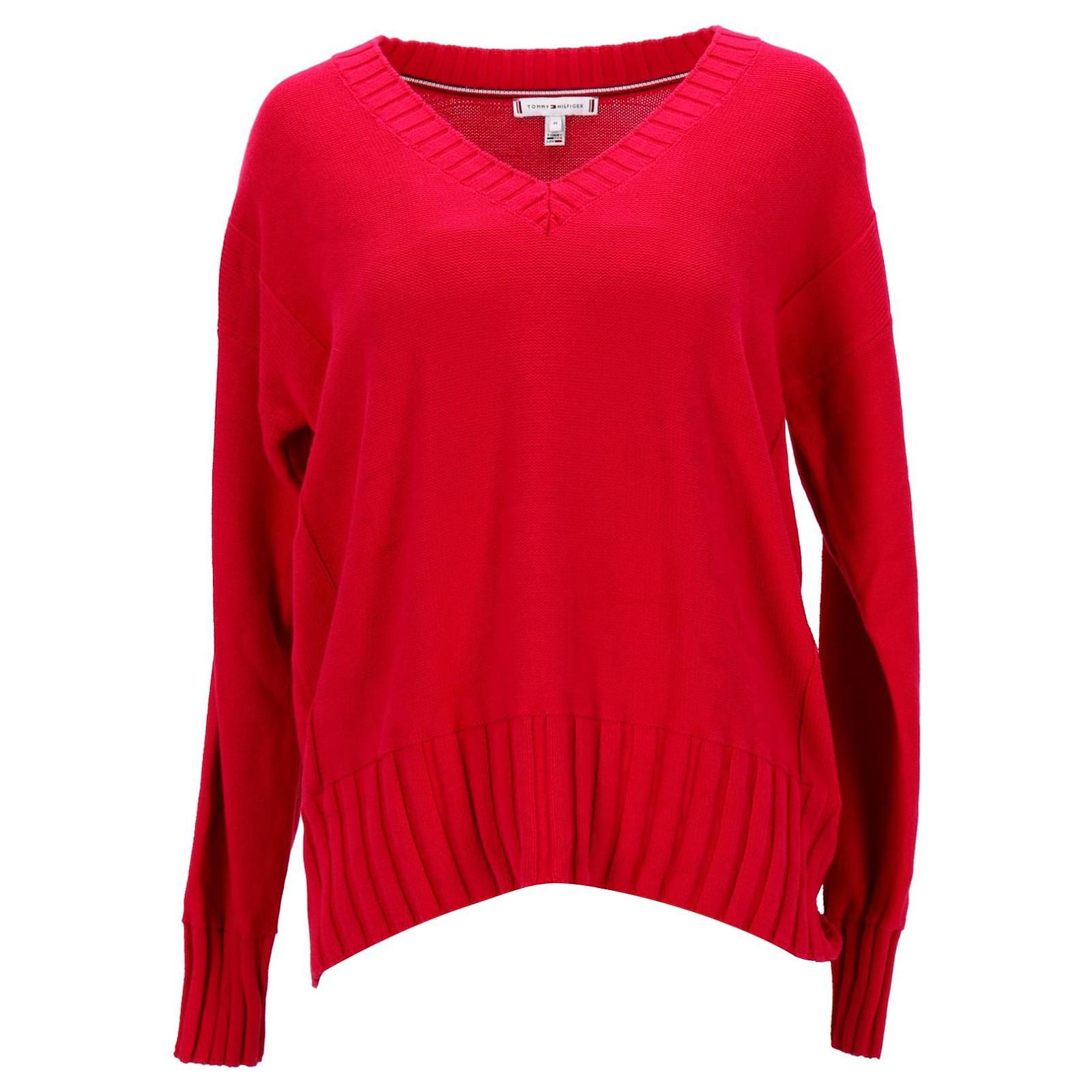 Maglione da donna in maglia a costine con scollo a V Tommy