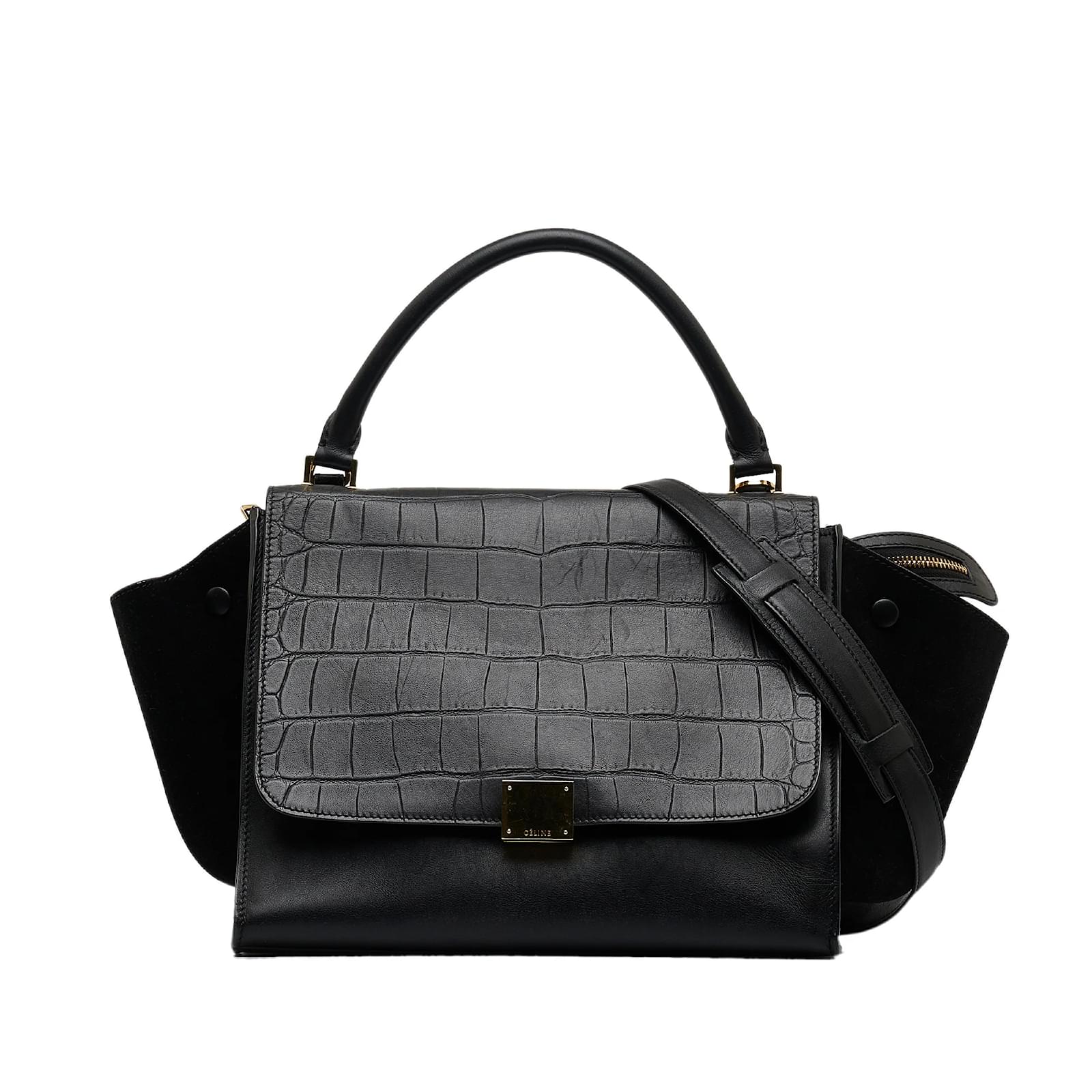 C line Black Celine Small Croc Embossed Trapeze Satchel Leather