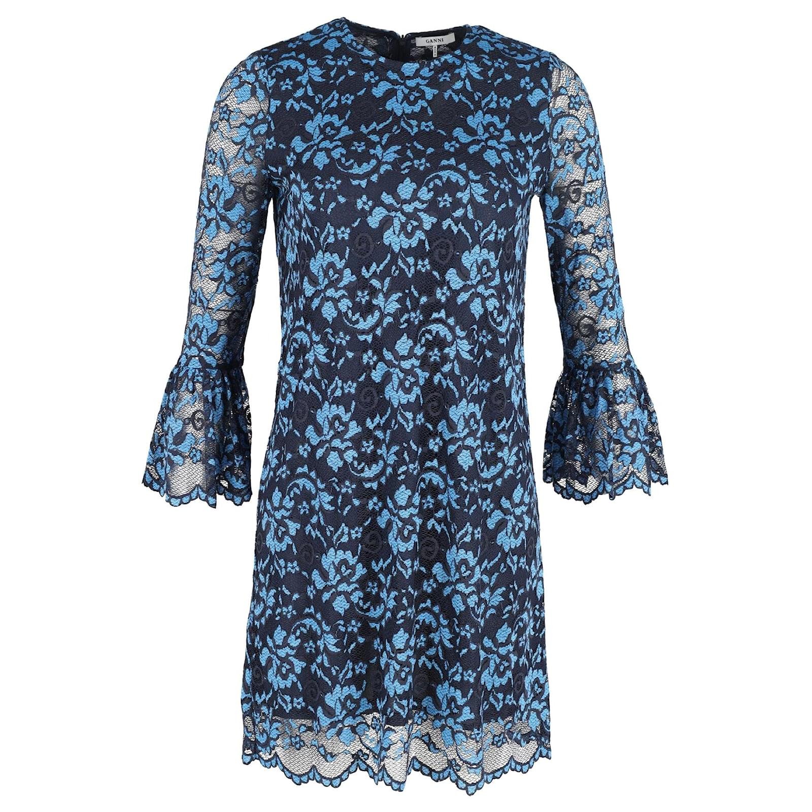 Ganni Lace Sleeve Floral Dress in Blue Polyester ref.1143255 - Joli Closet Ganni Lace Sleeve Floral Dress in Blue Polyester ref.1143255 - Joli Closet