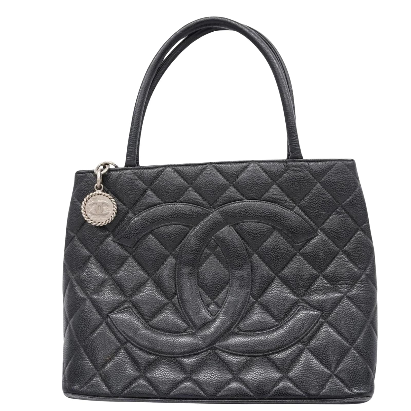 CHANEL CC Logo Canvas Leather Bag Black White