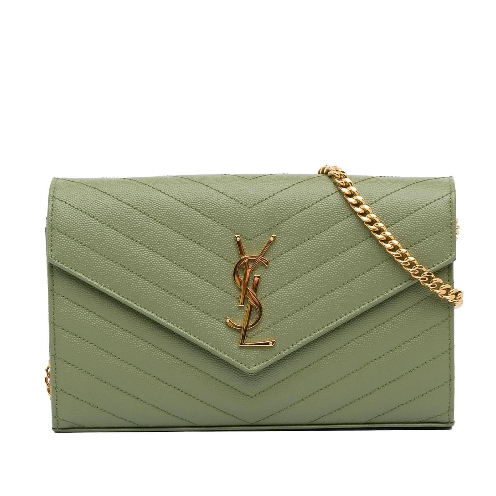 Green Saint Laurent Grain De Poudre Cassandre Envelope Wallet on Chain