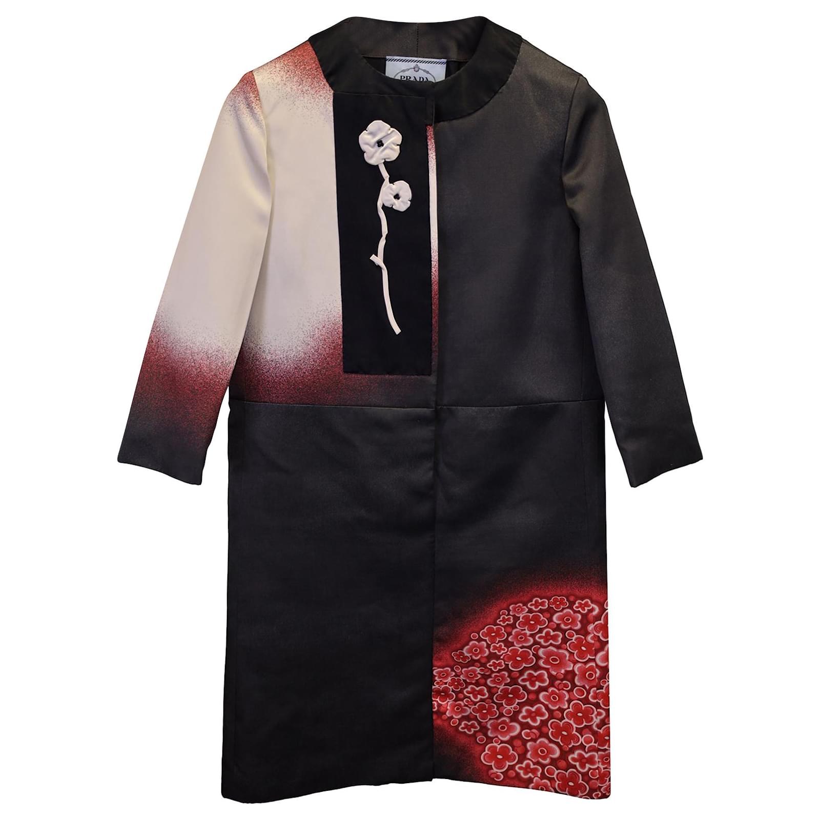 Prada 2013 Floral Print Coat in Black and Red Silk Multiple