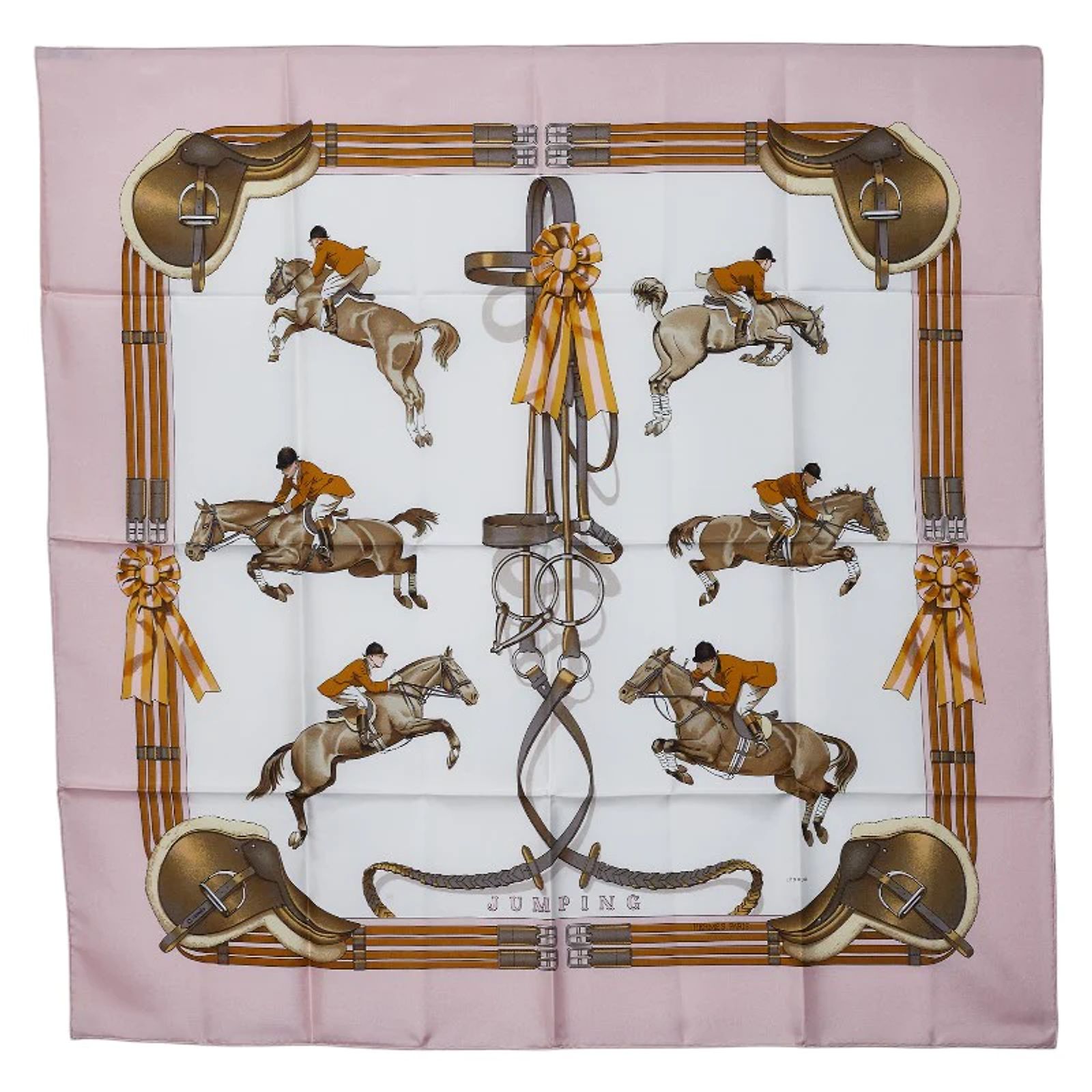 Carré Hermès Paris 90cm « Jumping » Rose Pâle - Soie Mousseline Vintage - Occasion Avec Défauts (coin Abîmé, Taches)