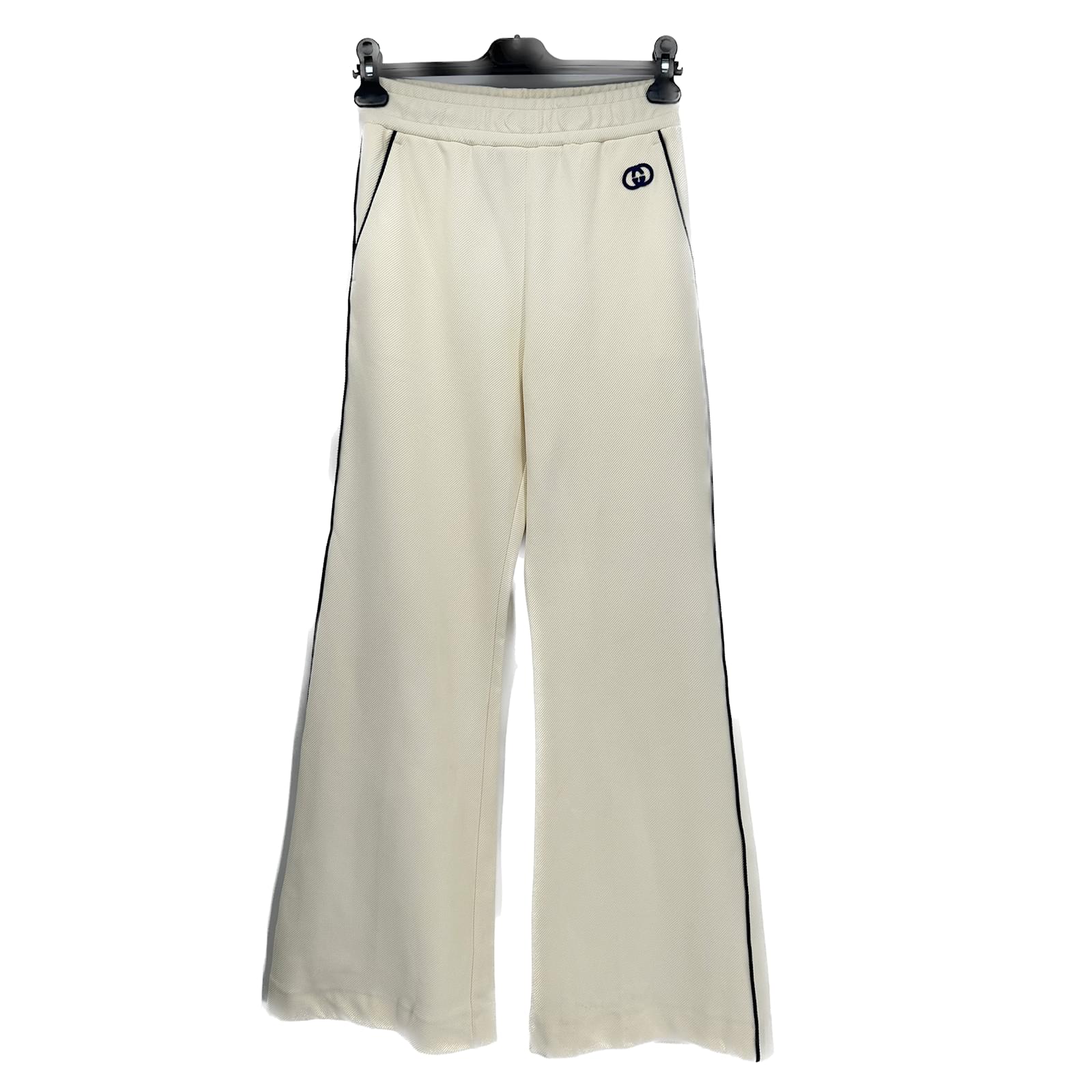 GG canvas trousers with leather Interlocking G in beige and blue | GUCCI® ZA