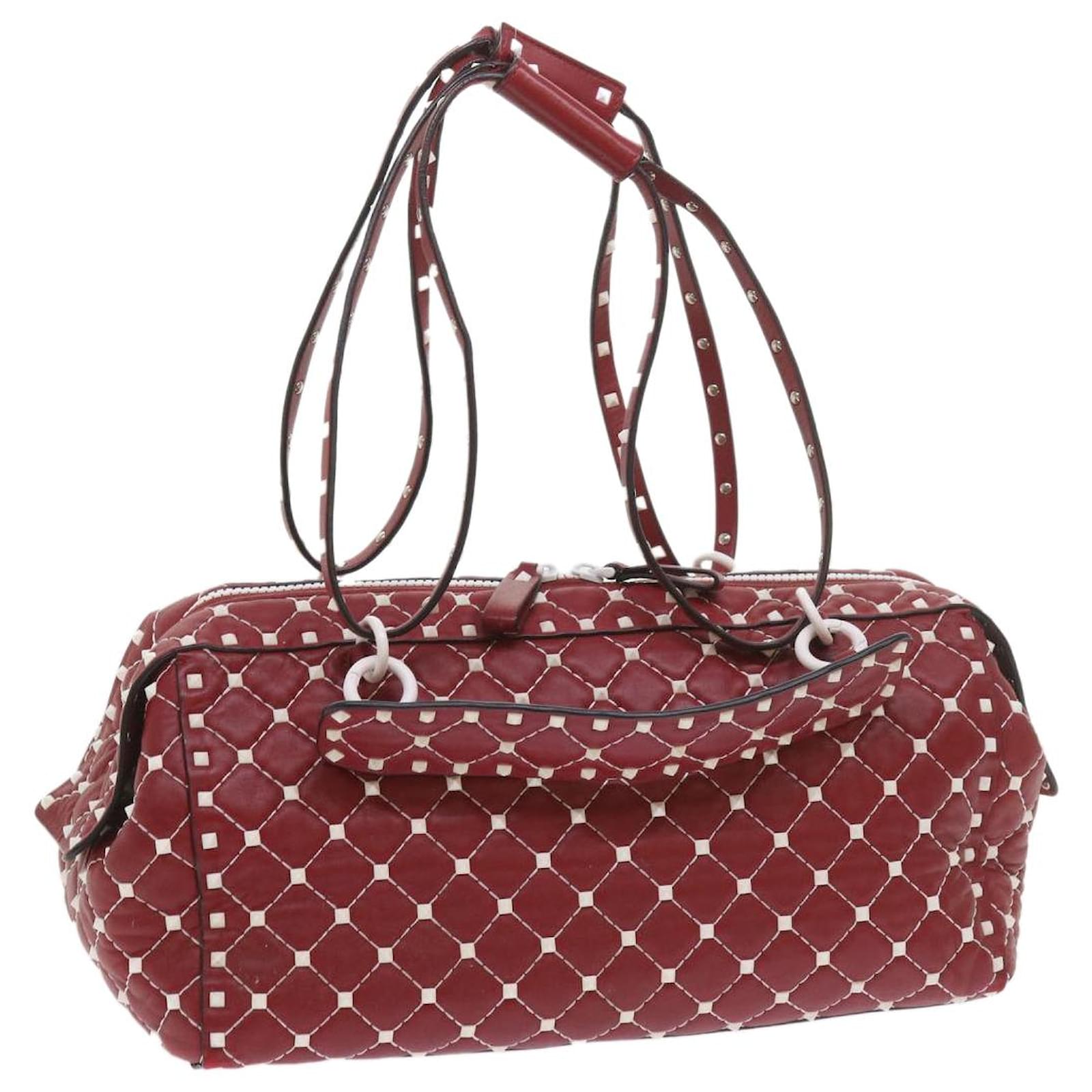 VALENTINO Rock Nieten Umhängetasche Lammfell Rot Weiß Auth-ar10772