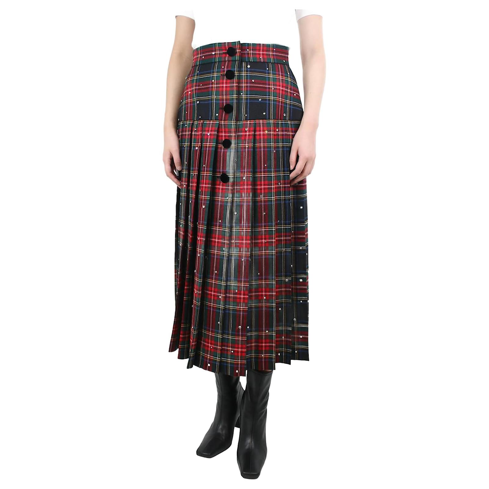Miu Miu Red crystal-embellished tartan midi skirt - size UK 10