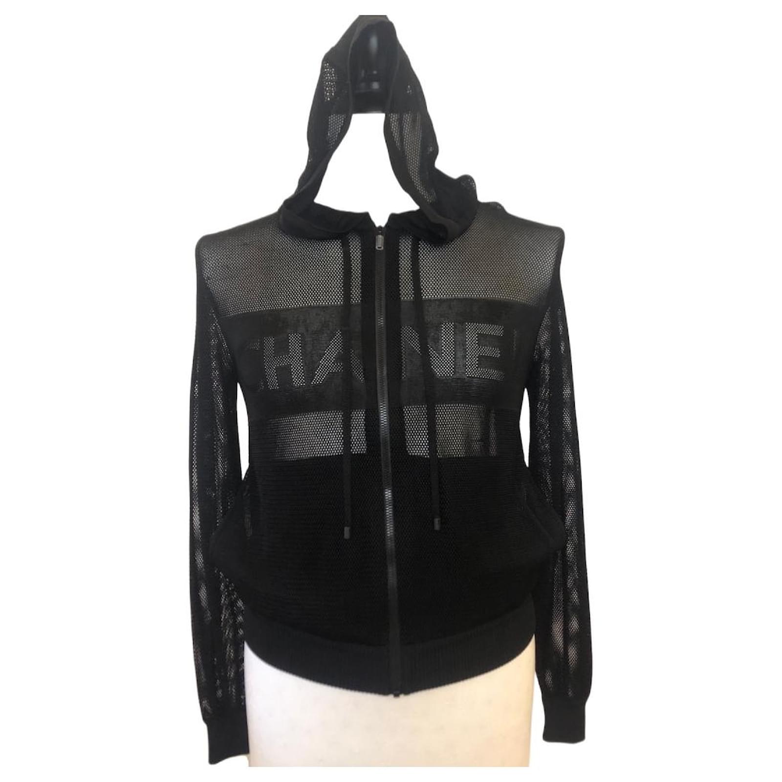 Chanel 19P New Black Mesh Hoodie Logo Zip Up Sweater Size Small