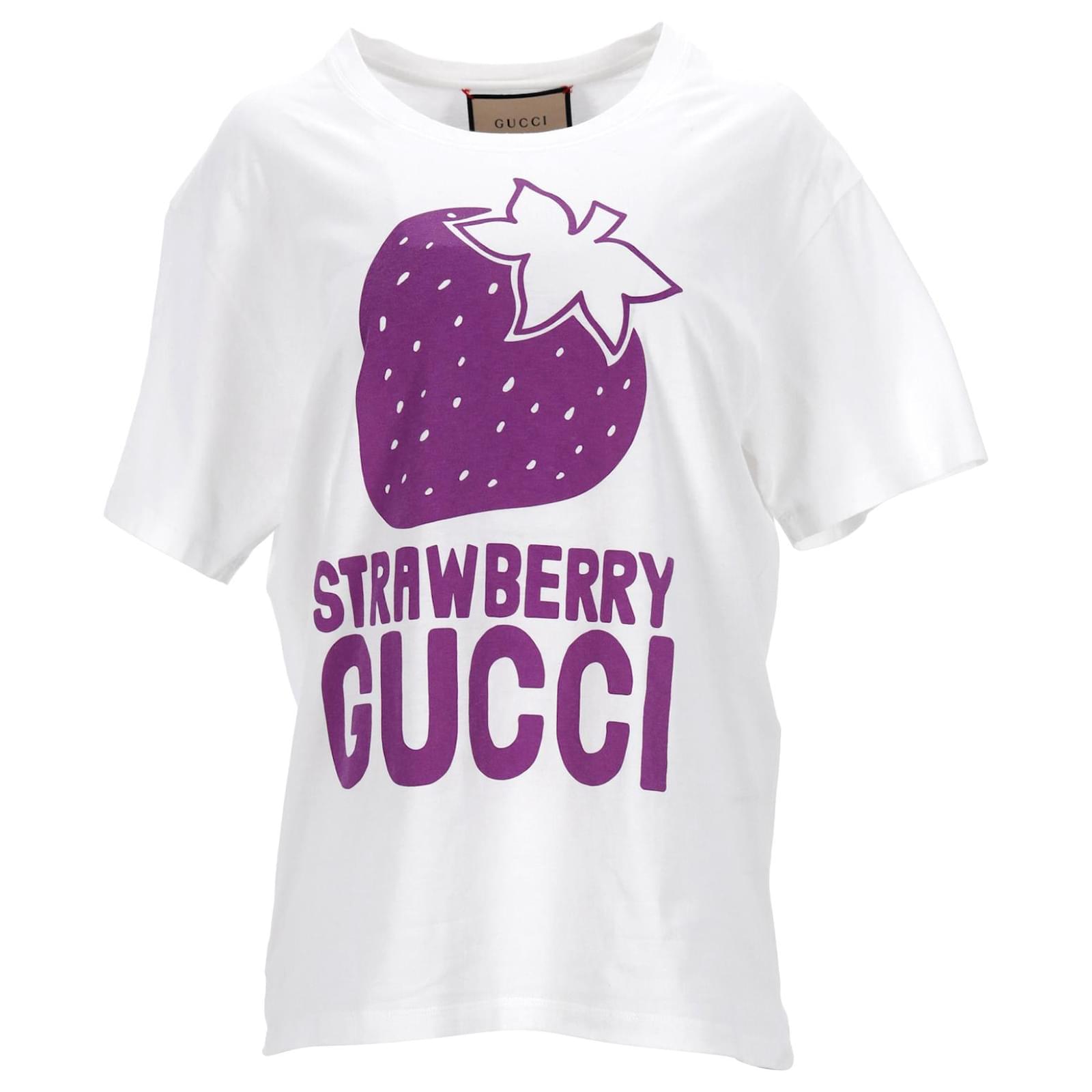 Gucci Strawberry Logo Print T-shirt in White Cotton ref.1165554