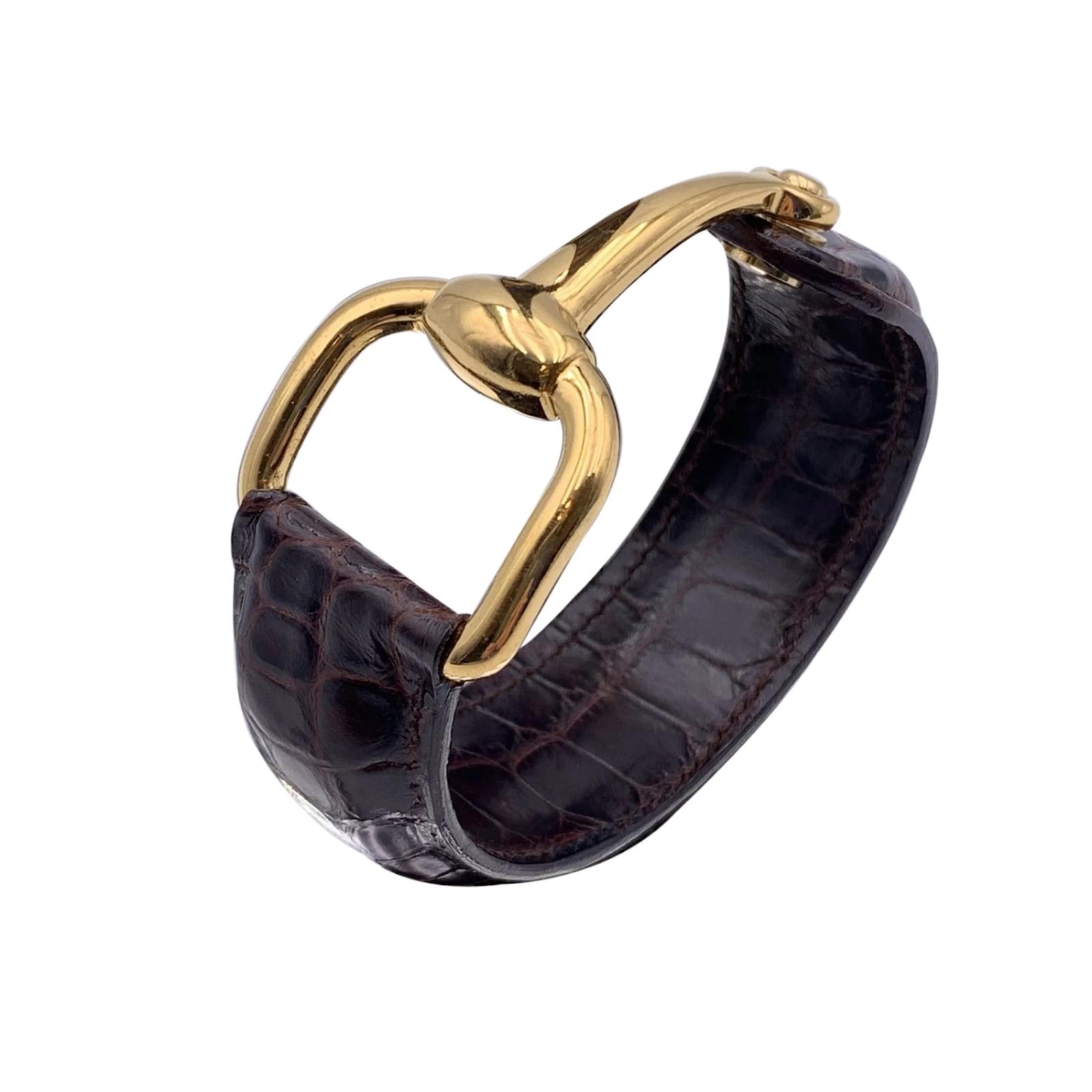 Gucci Vintage Brown Leather Bangle Cuff Belt Bracelet Gold
