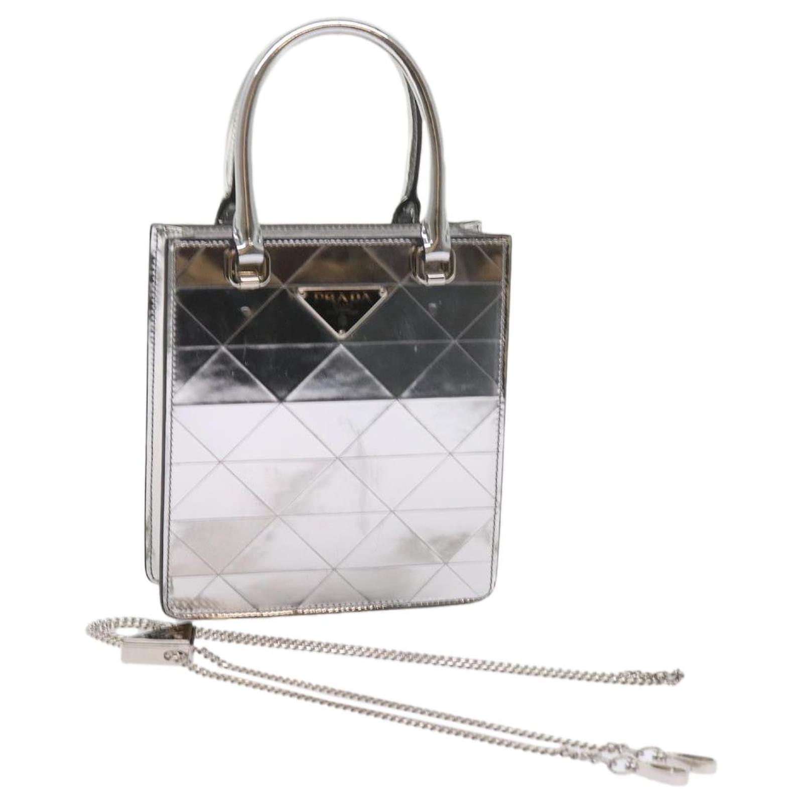 PRADA Hand Bag Metallic leather Silver Auth 59813S Silvery ref
