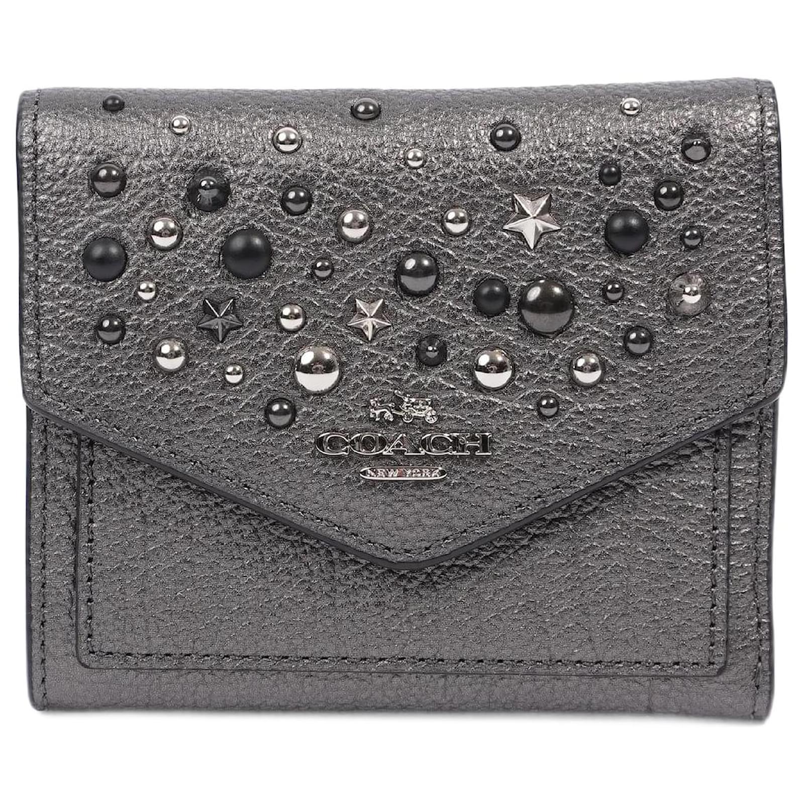 Coach Star Studded Flap Wallet Grey Leather ref.1177542 Joli Closet