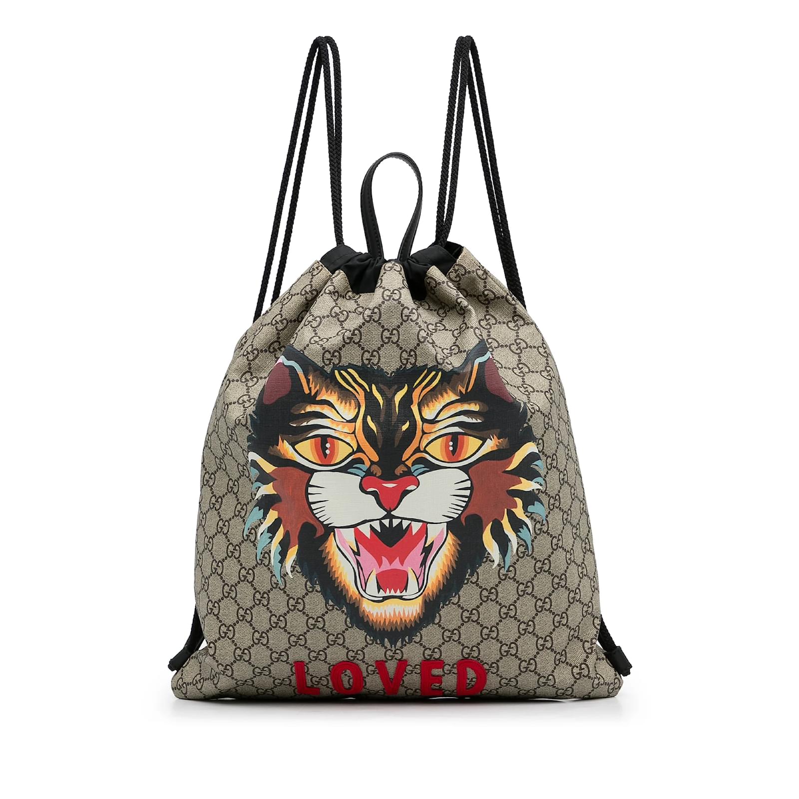 Brown Gucci GG Supreme Angry Cat Drawstring Backpack