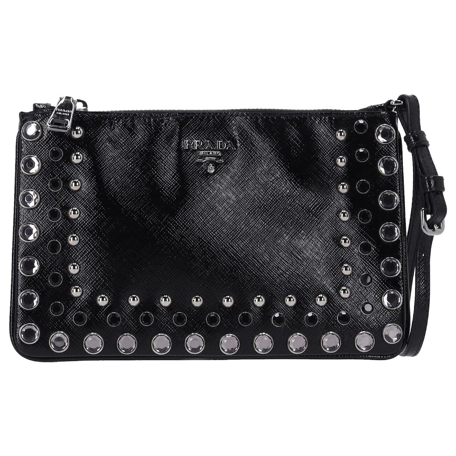 Prada Vernice Crystal Studded Clutch in Black Leather