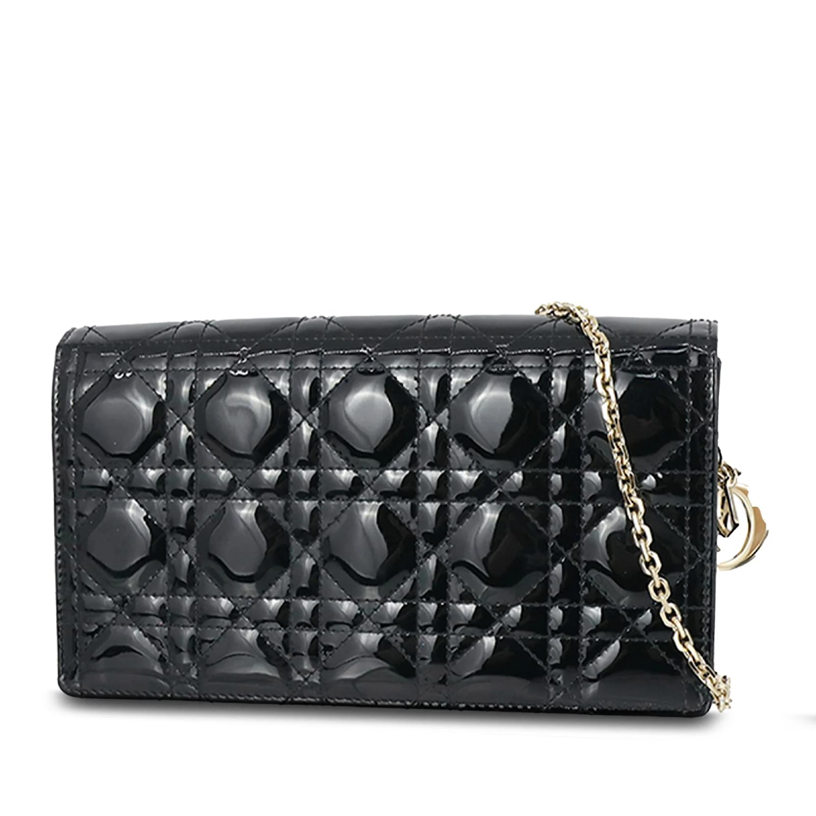 Black Dior Cannage Patent Lady Dior Wallet On Chain