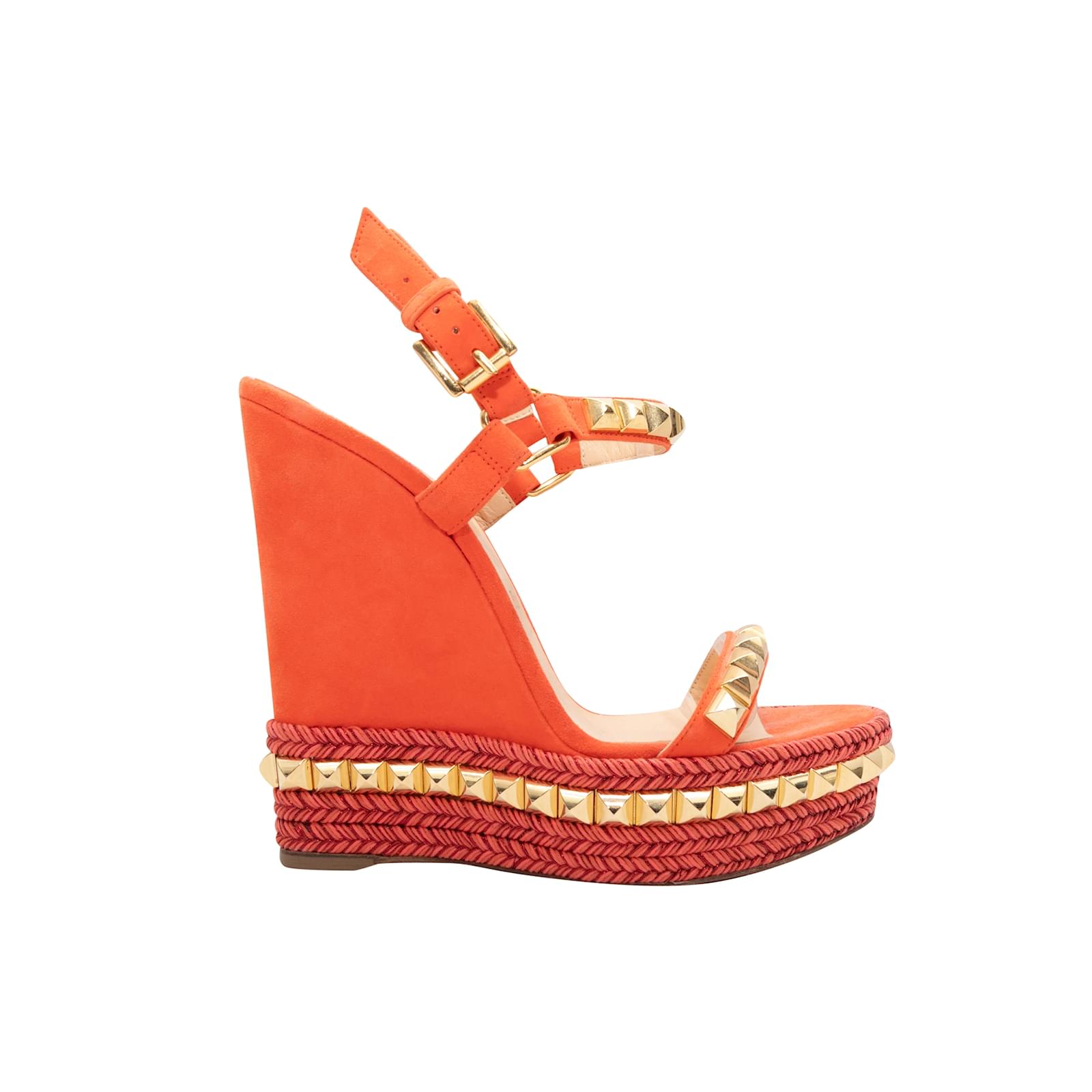 Orange Christian Louboutin Studded Wedge Sandals Size 39 Suede ref