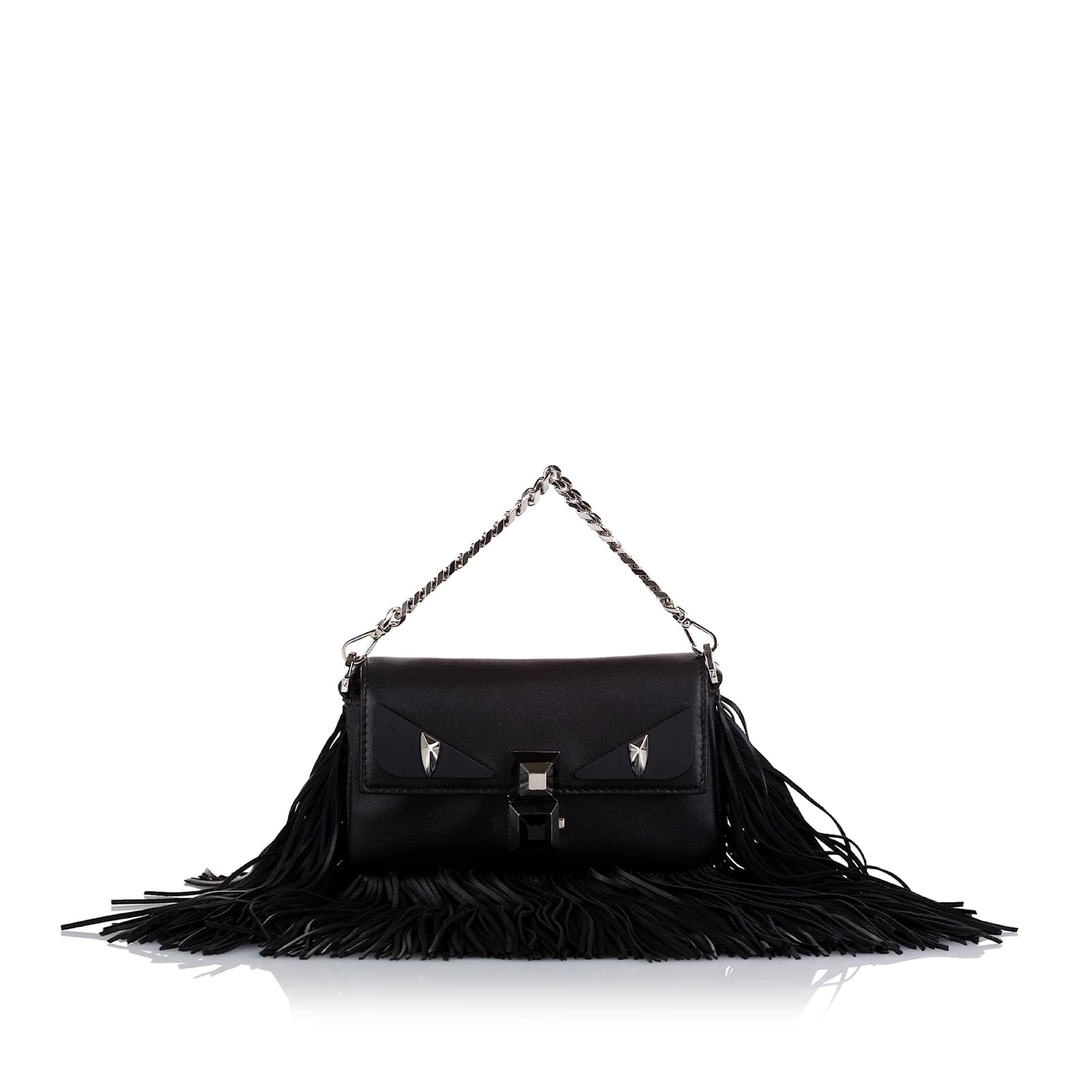 Borsa baguette Fendi Micro Monster con frange nere Nero Pelle ref
