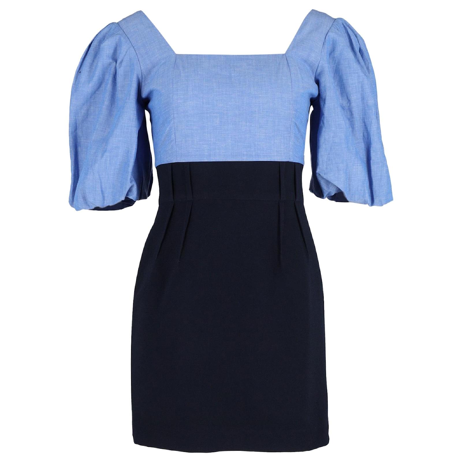 Sandro Paris Puff Sleeve Mini Dress in Blue Cotton