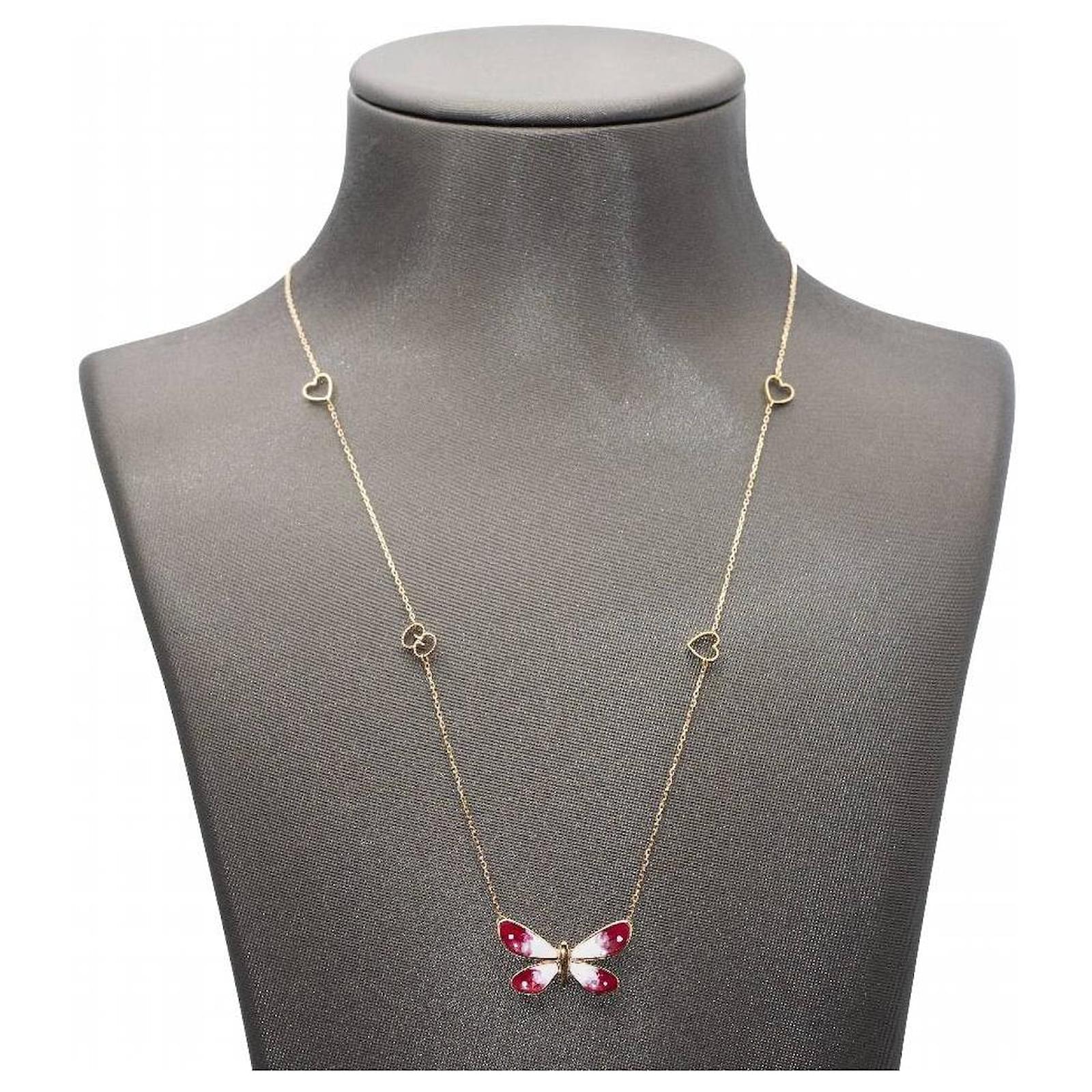 pink gucci butterfly necklace in gold and enamel