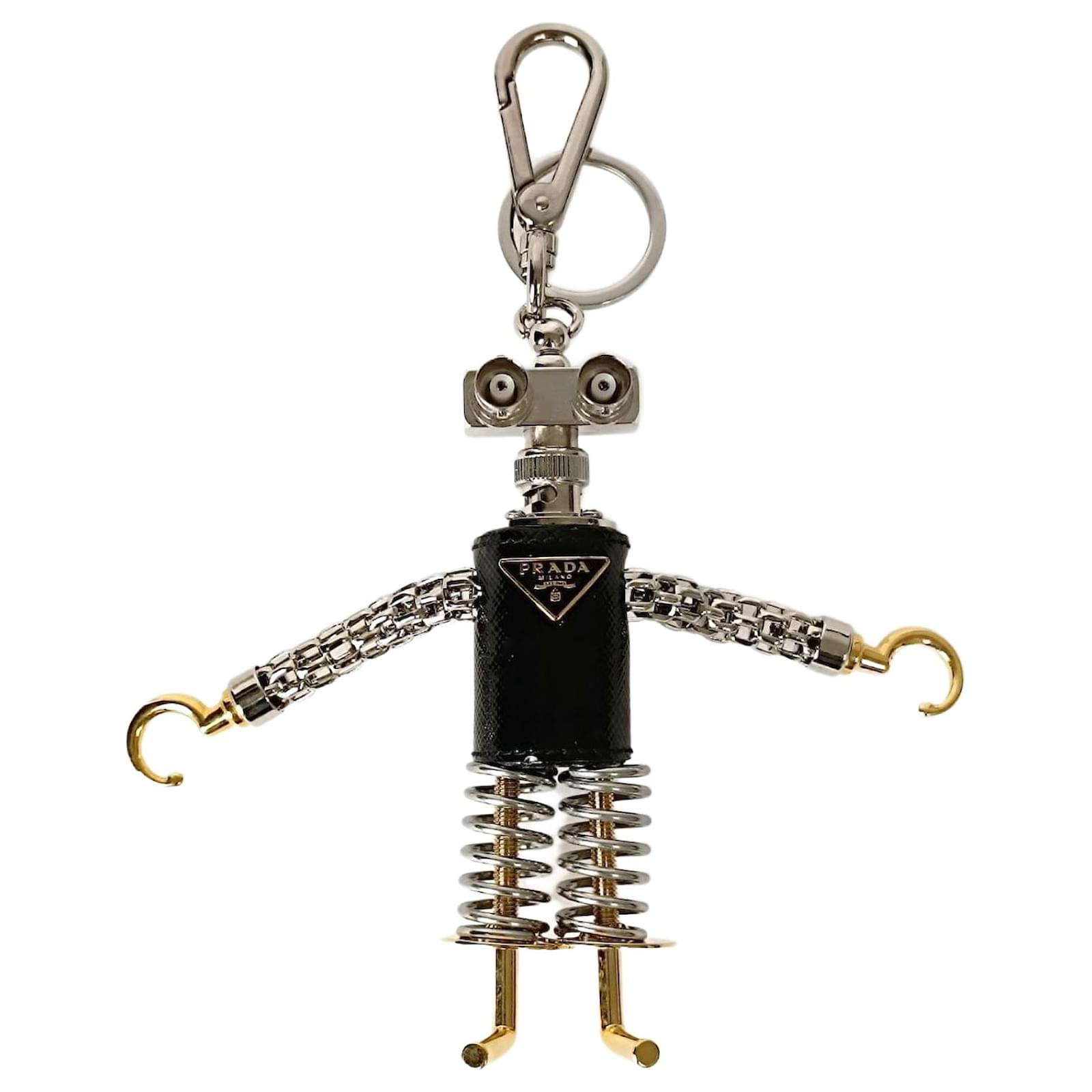 Prada Robot key ring charm in Saffiano Black Leather Metal ref.1205313 Joli Closet