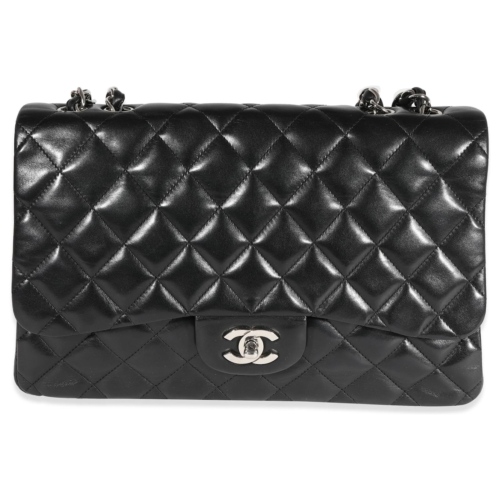 Chanel schwarz gesteppte Jumbo Classic Single Flap Bag aus Lammleder