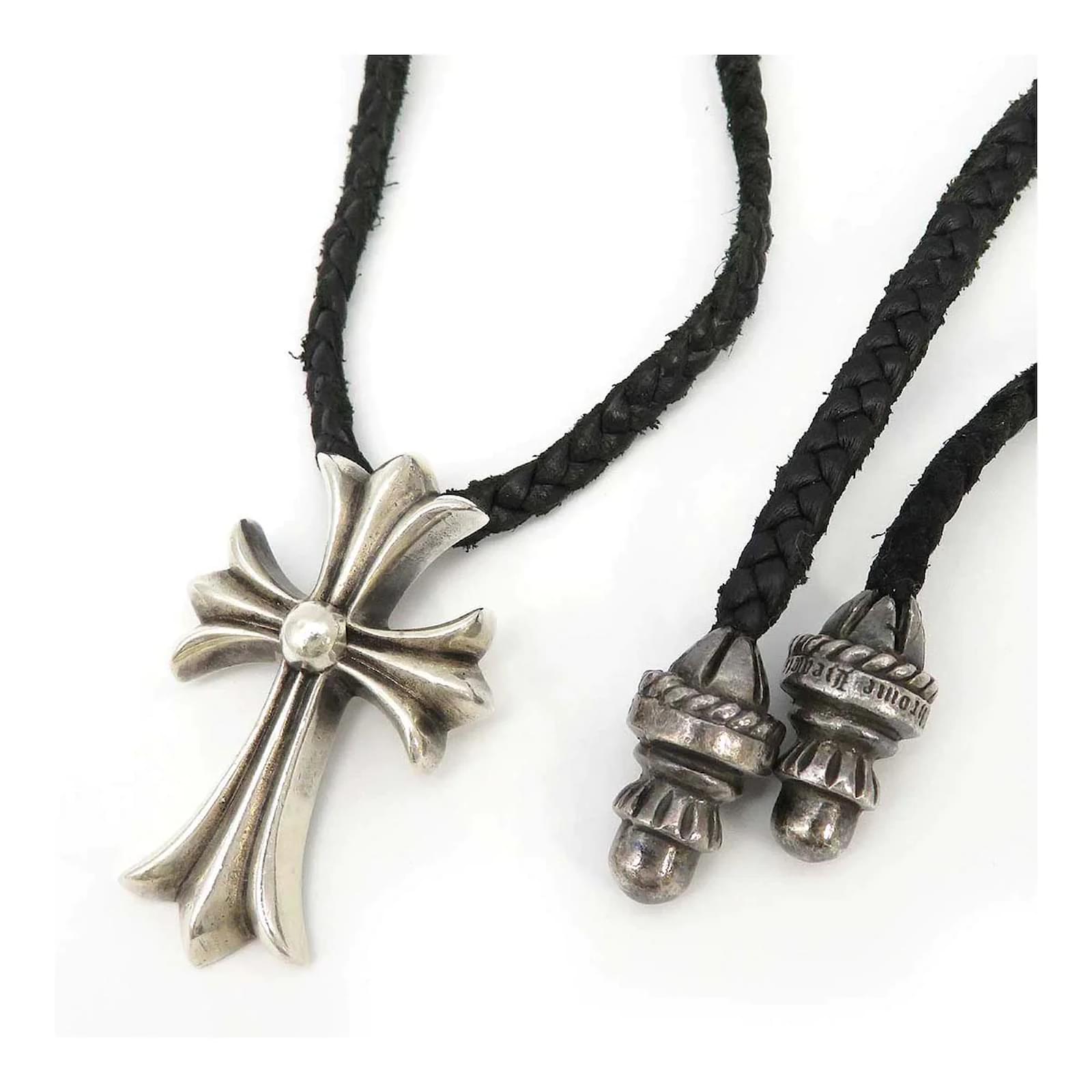 Chrome Hearts Braided Leather Cross Pendant Necklace Silvery Metal
