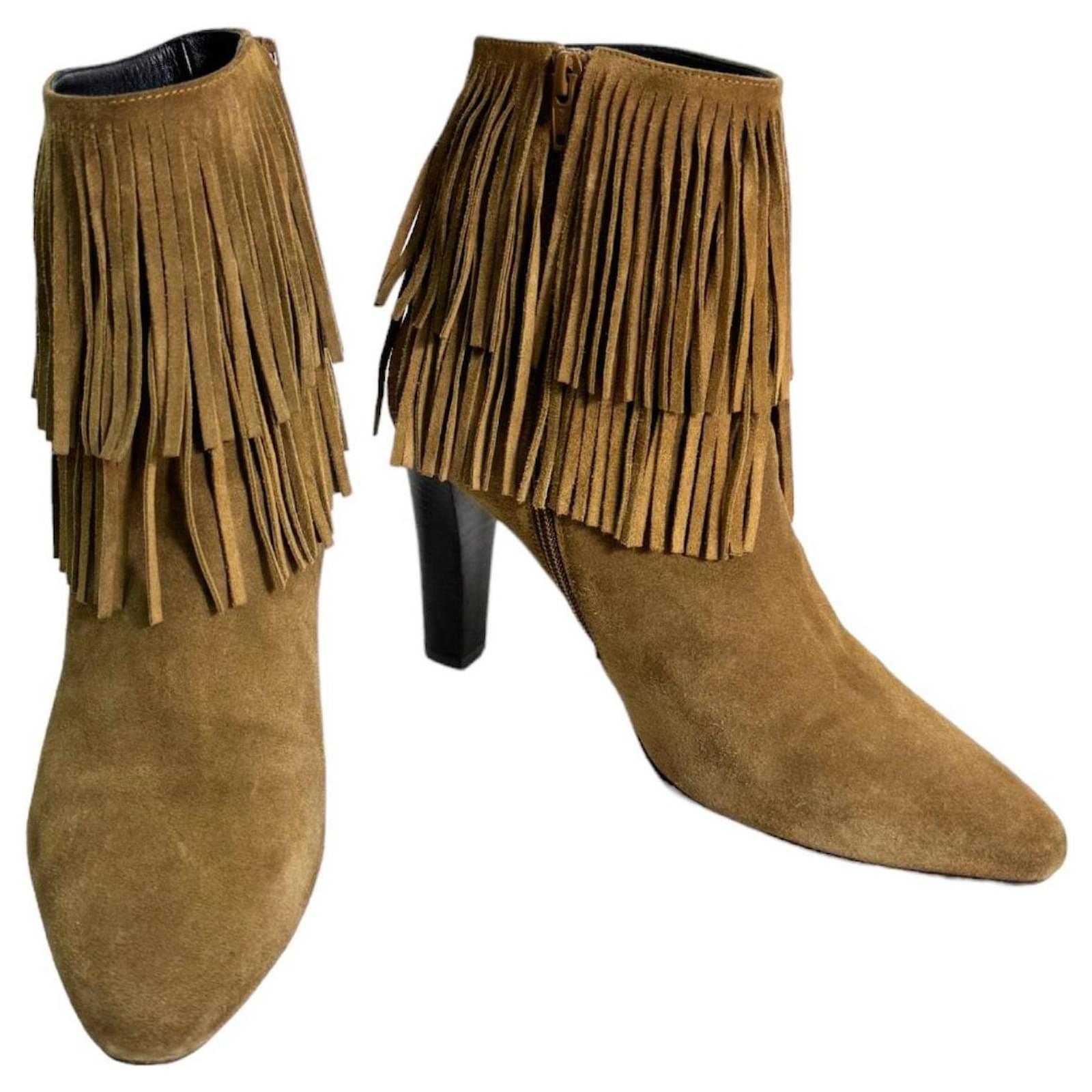 Saint Laurent Camel Bege Camurça Franja Salto Alto Toe Amêndoa