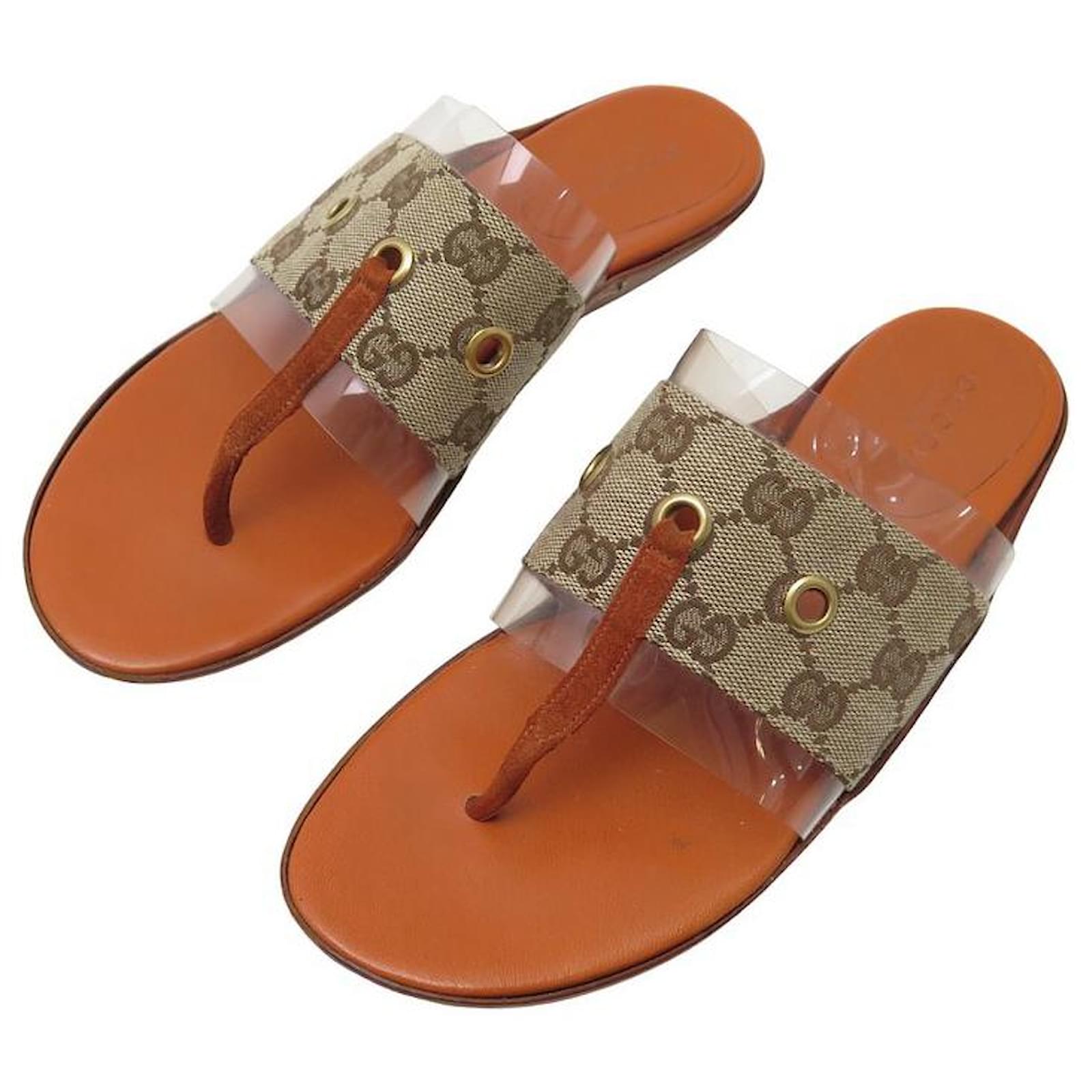 SAPATOS GUCCI GG SUPREME CANVAS FLIP FLOPS 123284 Sandalias 37 IT 38 SAPATOS FR Bege Couro ref.1229568 Joli Closet