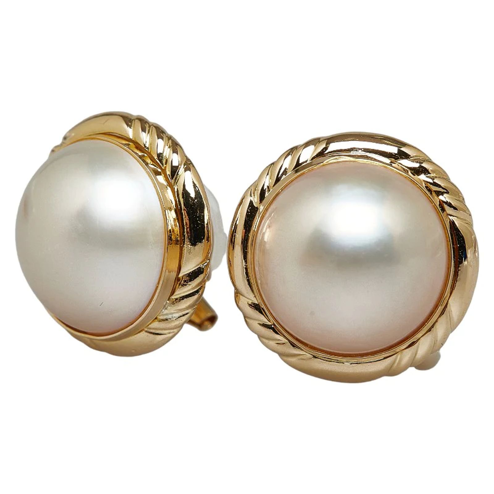 Boucles D'oreilles 14k Or Jaune Avec Perle Mabe Et Onyx - Style X Grand - Occasion