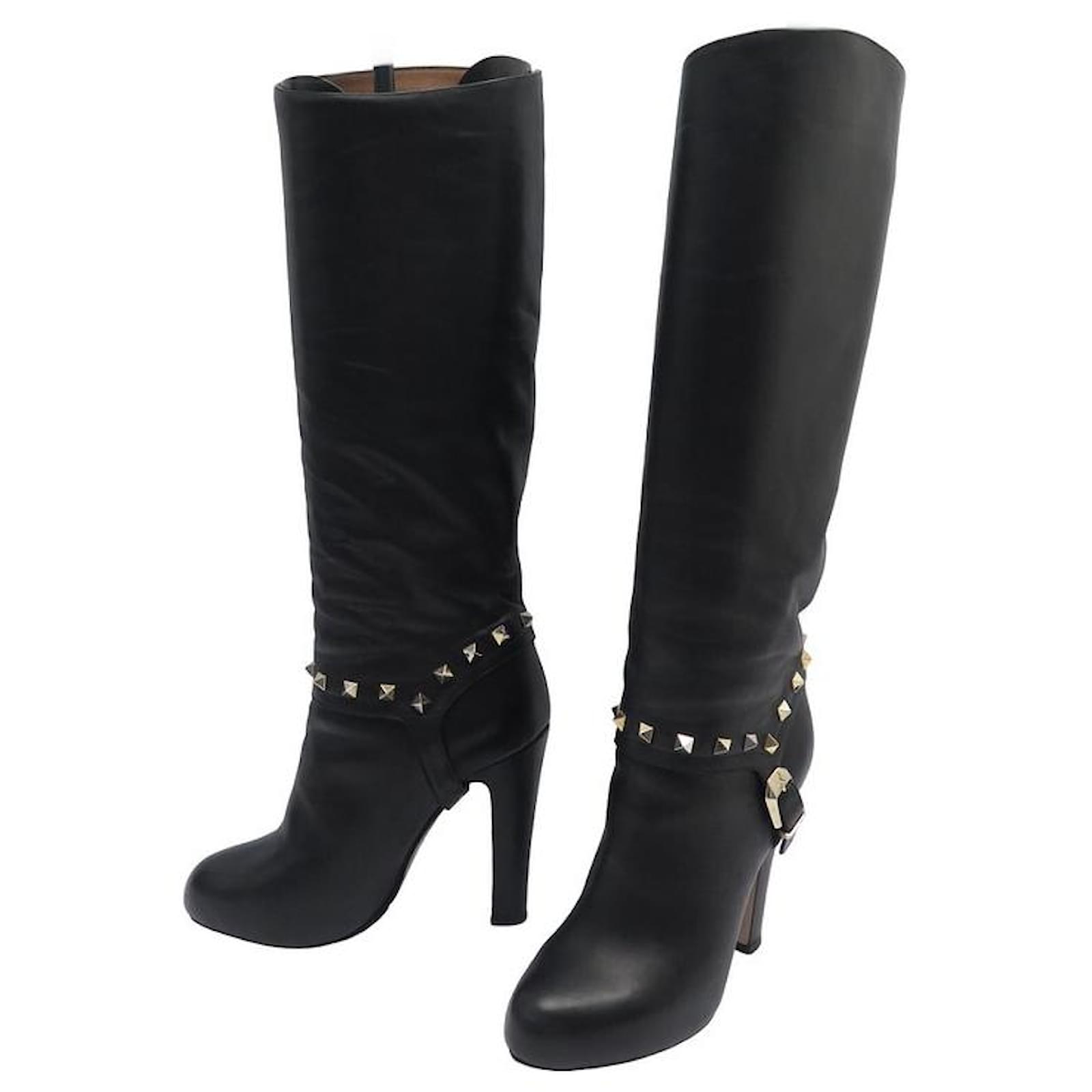 VALENTINO ROCKSTUD SHOES HEEL BOOTS 35 BLACK LEATHER HIGH BOOTS ref.1239217  - Joli Closet