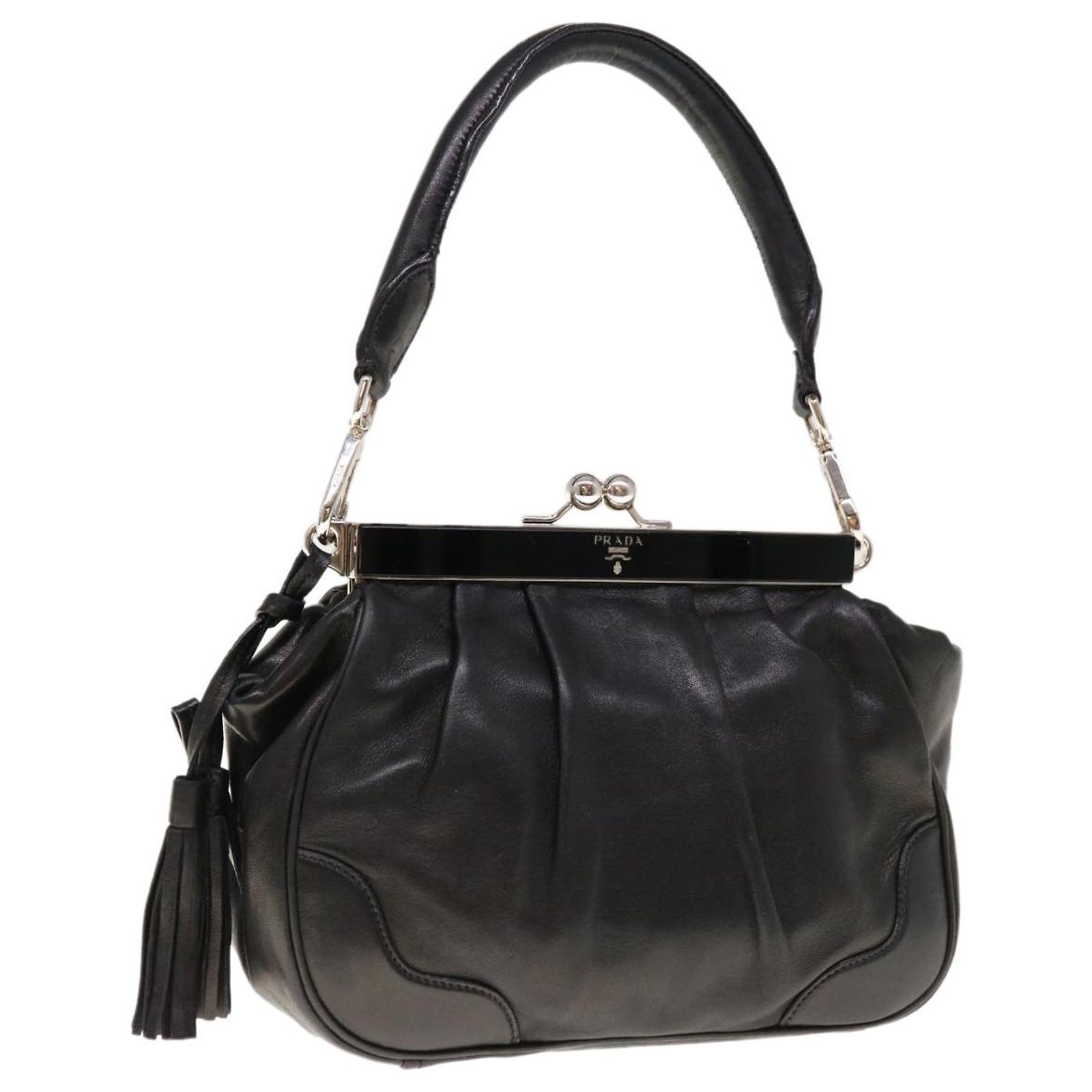 PRADA Gamaguchi Shoulder Bag Leather Black Auth yk10400 ref 