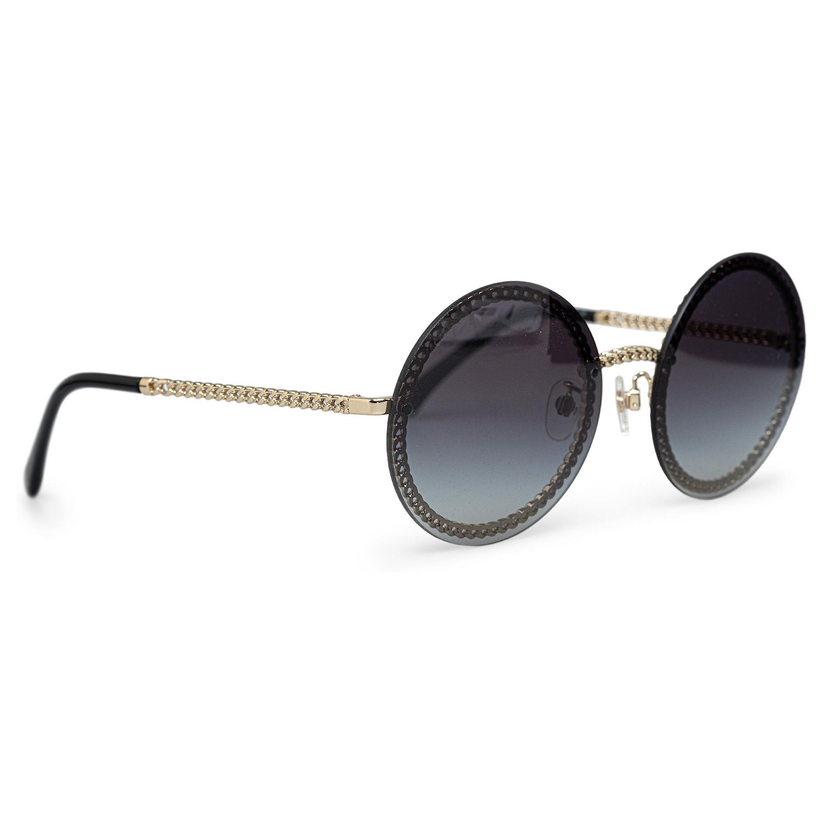 Chanel Black Chain-Link Accent Round Sunglasses Plastic Gold 