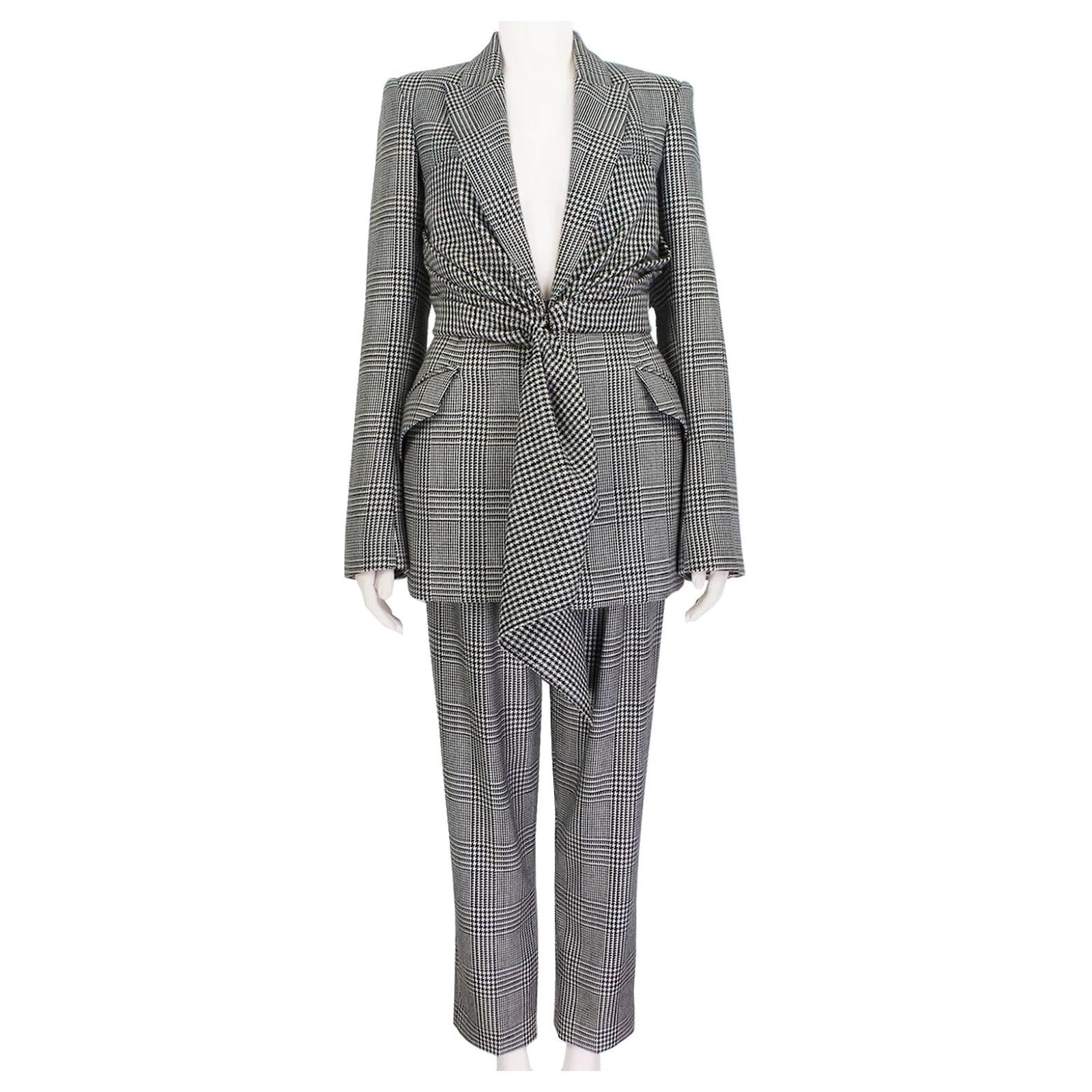 Alexander McQueen Houndstooth Draped Jacket Trouser Suit Black