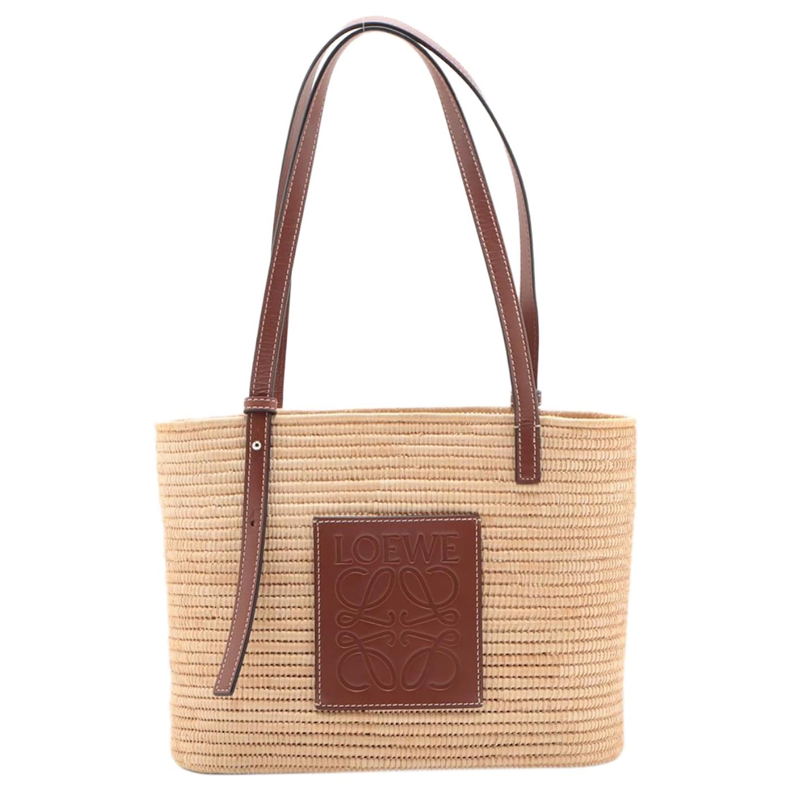 Loewe Bolso Basket Square beige de rafia y piel de becerro ref
