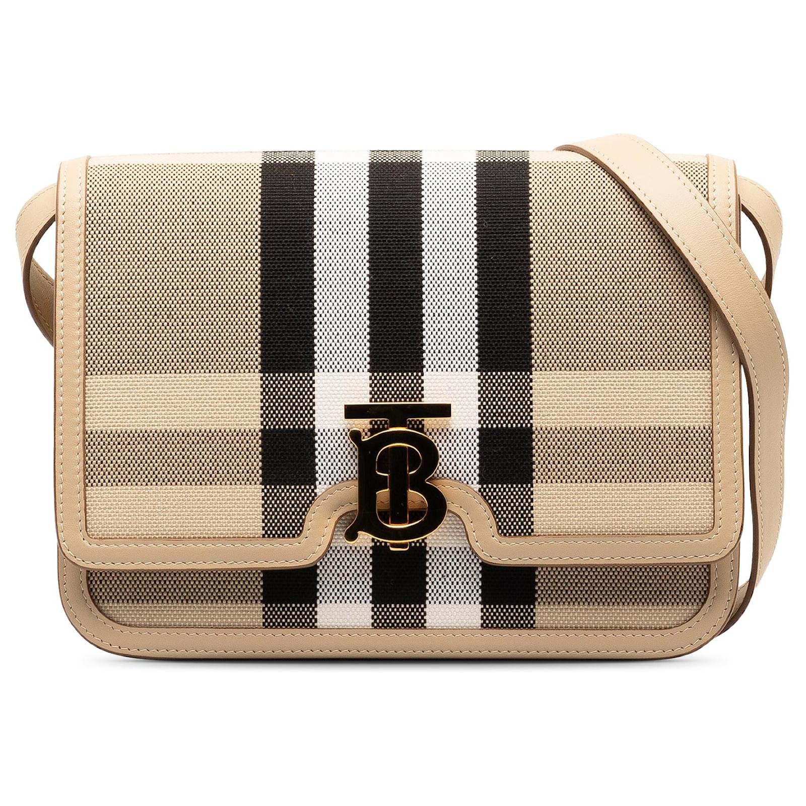 Beige Burberry Canvas Check TB Crossbody Leather ref.1283643 Joli Closet