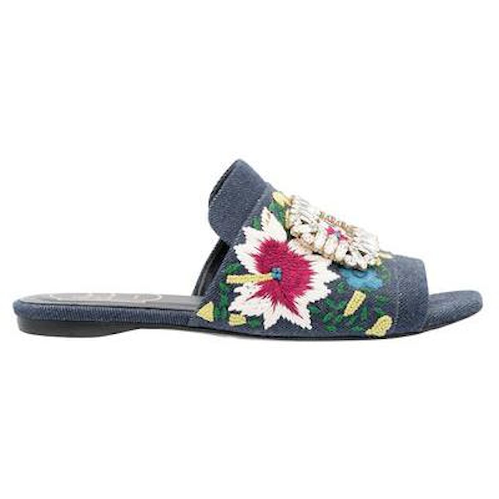 Roger Vivier Strass-Buckle Floral Denim Slide Sandals Leather ref