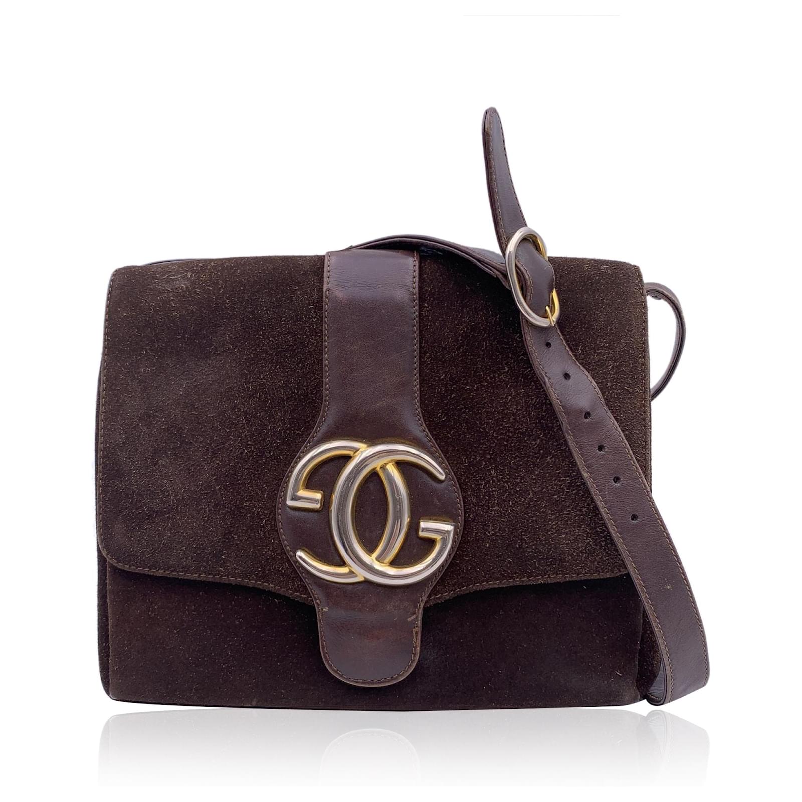 Gucci Sac à bandoulière vintage en daim marron et cuir avec logo