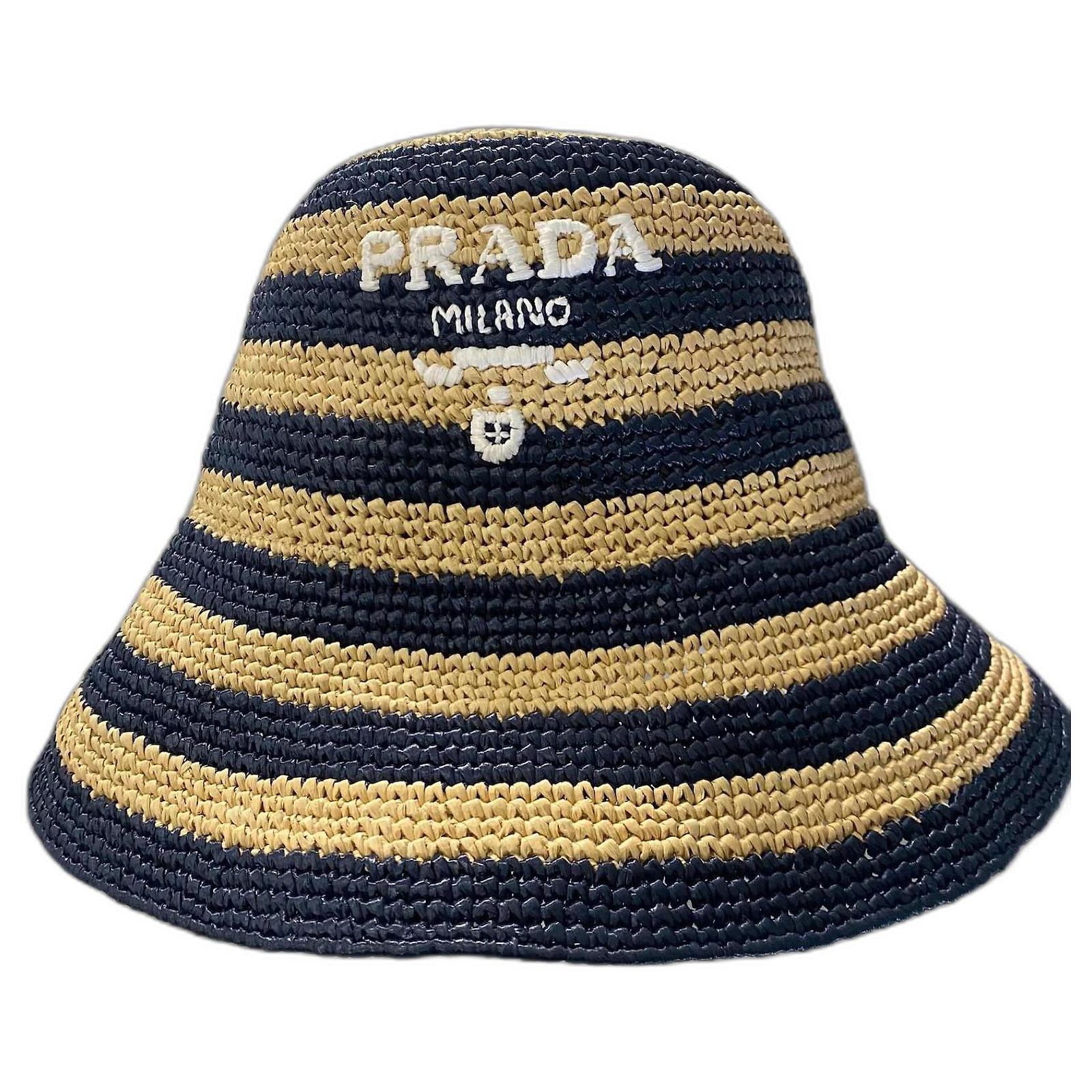 PRADA Crochet bucket hat baltic natural Beige Navy blue 