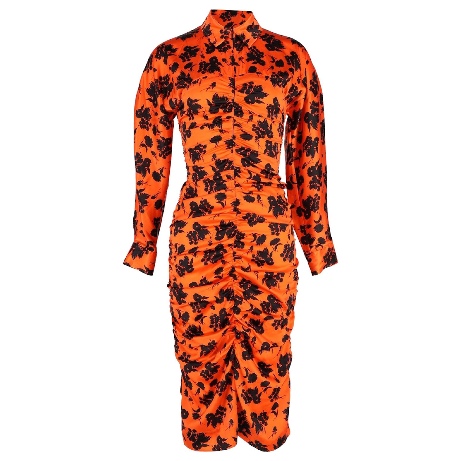 Ganni Ruched Floral-Print Midi Dress in Orange Silk
