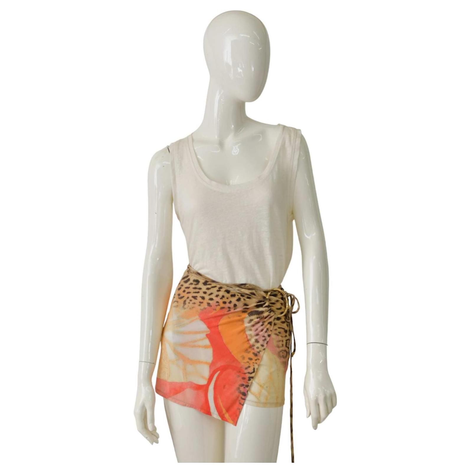 ワンピース ROBERTO CAVALLI Women Mid Skirts RKT126 BEIGE Midi Skirt With Oriental Bird Print in Ivory/Pink for Women