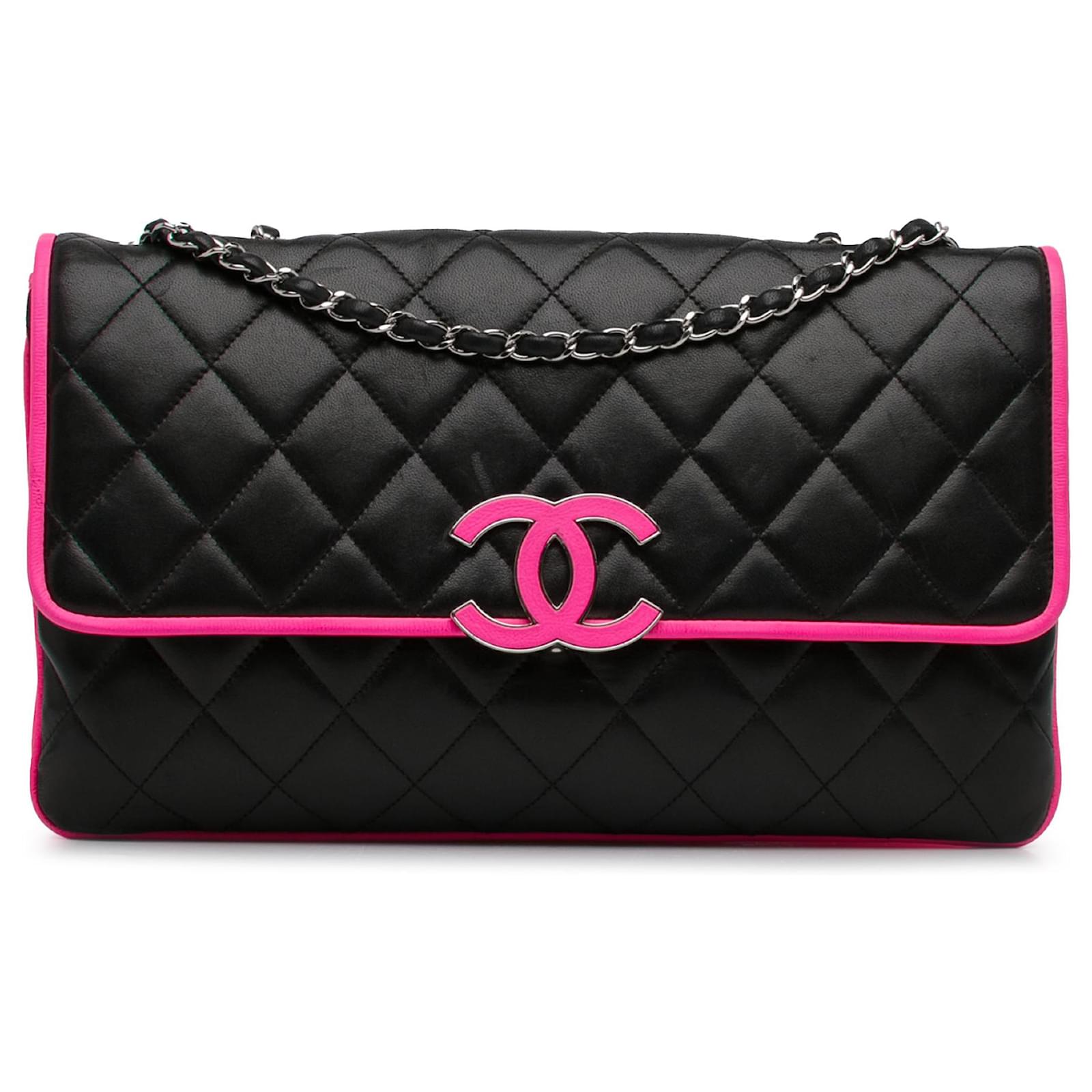 Chanel Black Large Lambskin Divine Flap Pink Leather ref.1336108
