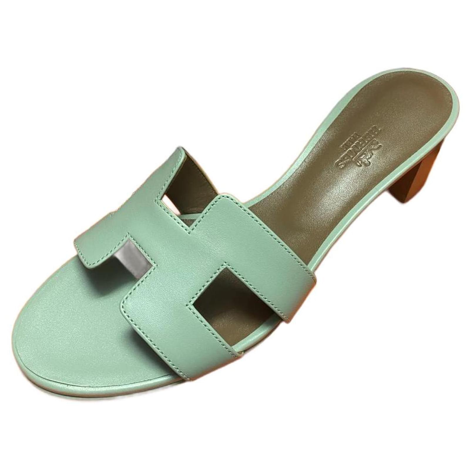Hermes Oasis sandals with emblematic Maison heel in aqua green calfskin 37.5