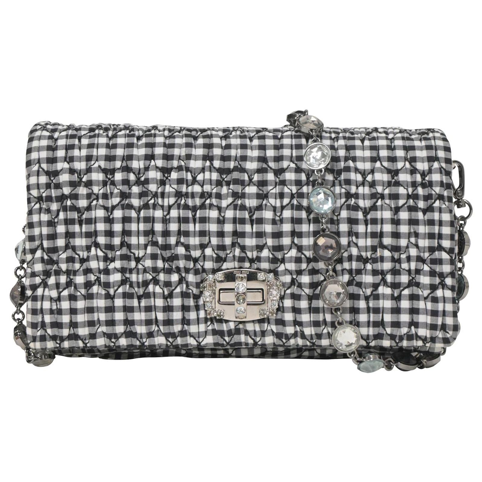 Miu Miu Vichy Crystal-Strap Gingham Bag in Black and White Cotton 
