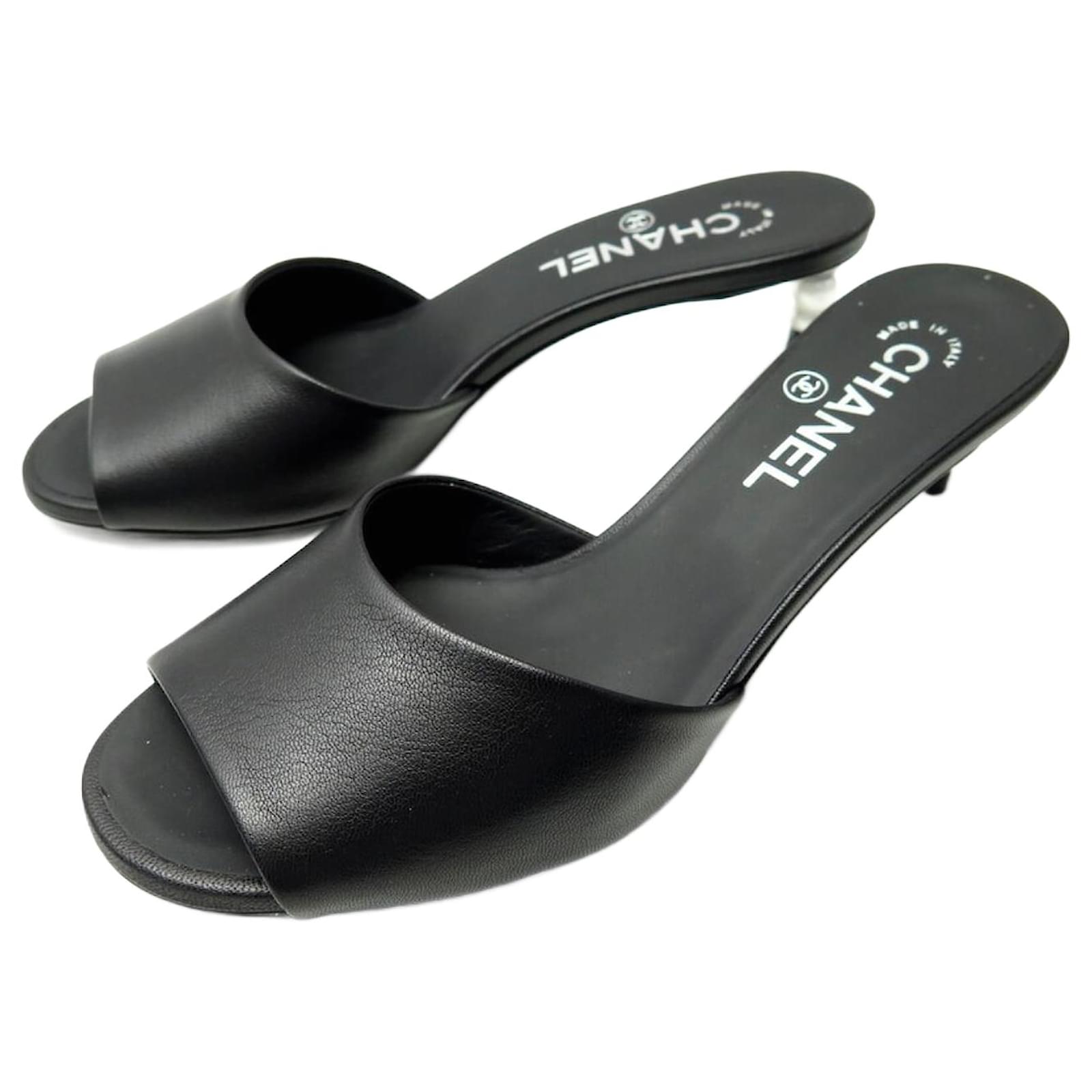 NEW CHANEL SHOES PEARL MULES G36677 Sandals 37 BLACK LEATHER