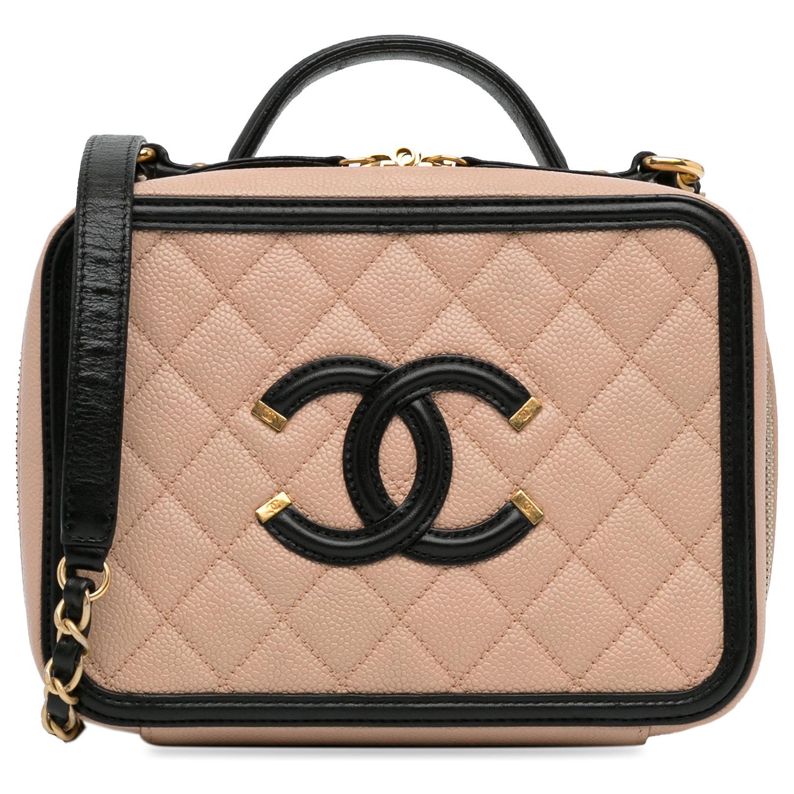 Chanel Brown Medium Caviar CC Filigree Vanity Case Beige Leather ref ...