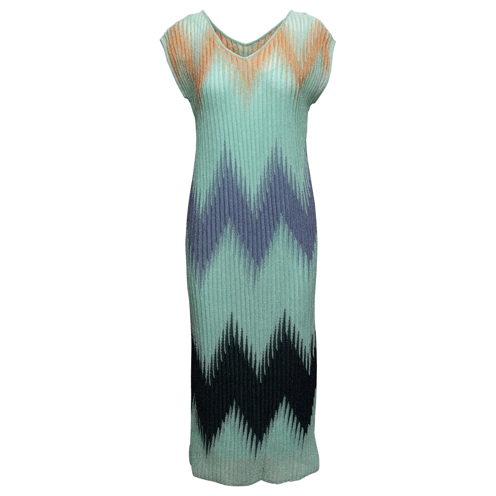 Sfilata M Missoni verde acqua e multicolor 2019 Abito lungo taglia IT 40 Blu Sintetico ref.1351101 Joli Closet