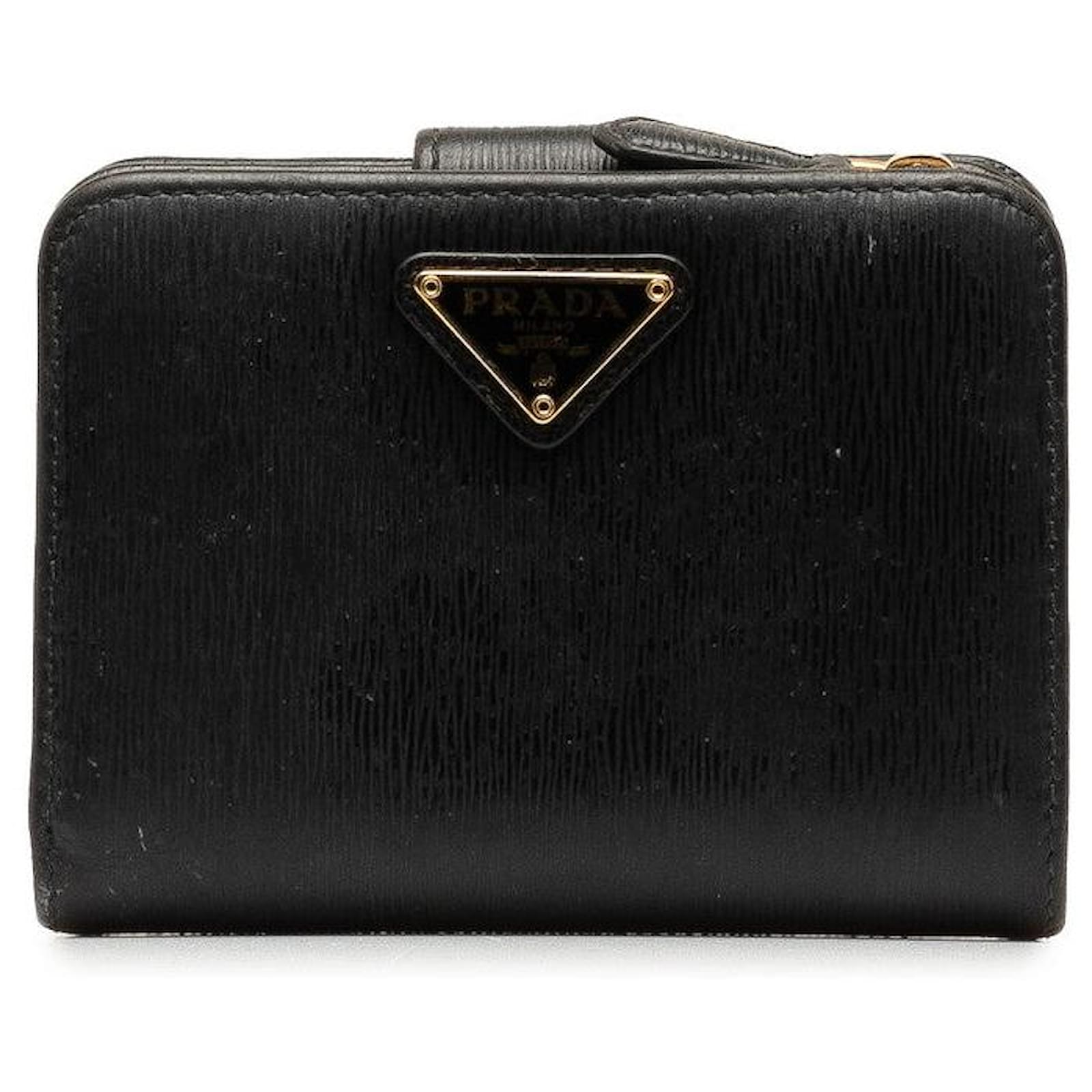 Saffiano Prada Leather Triangle Bifold Wallet Black in Very Good Condition ref.1351672 Joli Closet