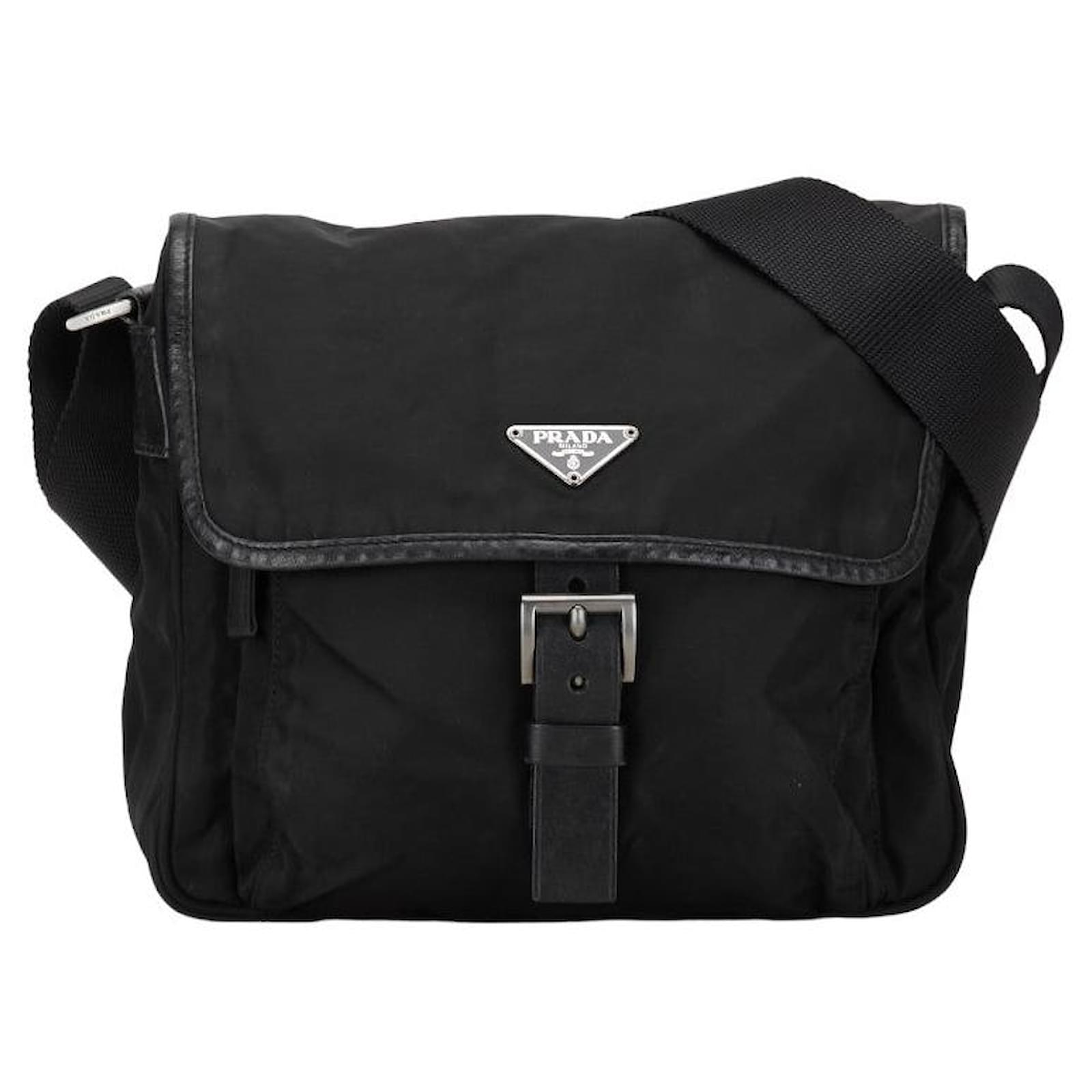 Prada Nylon Leather Triangle Logo Plate Shoulder Bag Black