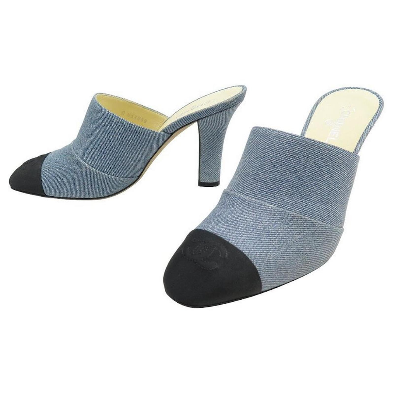 NEW CHANEL SHOES CC G LOGO HEEL MULES32858 38 DENIM SANDALS
