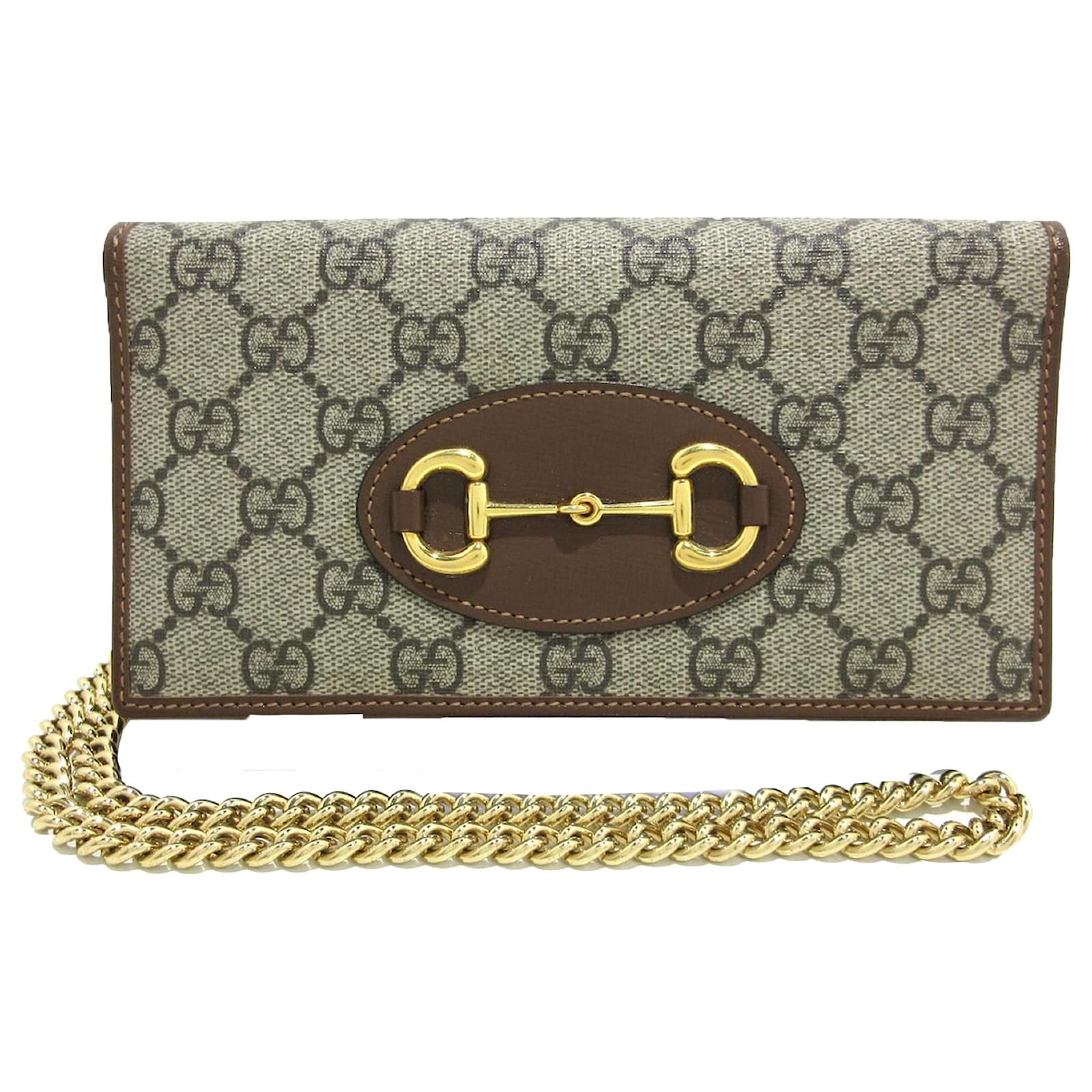 Gucci Brown GG Supreme Horsebit 1955 Wallet On Chain Beige Pony